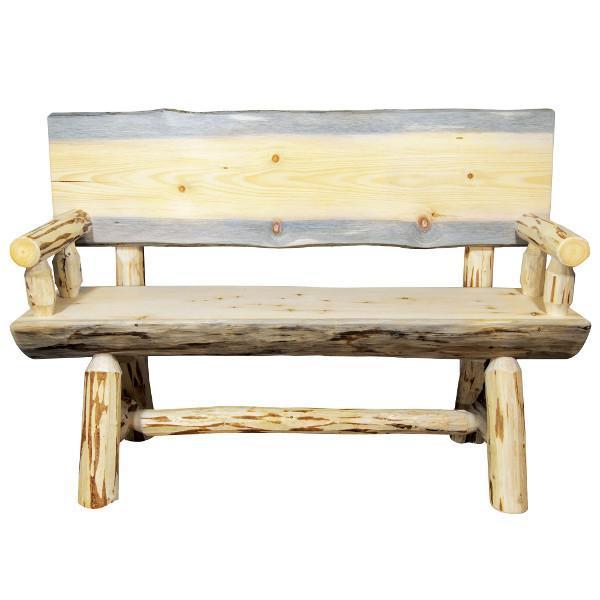 Montana Half Log Bench with Back & Arms - Rustic Outdoor Wooden Bench for Patio, Garden, and Backyard - Perfect for Relaxing, Camping, and Picnics