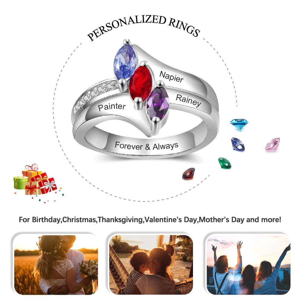 Custom Engraved Mother's Ring with 3 Simulated Birthstones - Personalized Family Promise Jewelry for Women - Name Engraved Gift for Mom, Wife, Daughter - Perfect for Mother's Day, Anniversary & Special Occasions