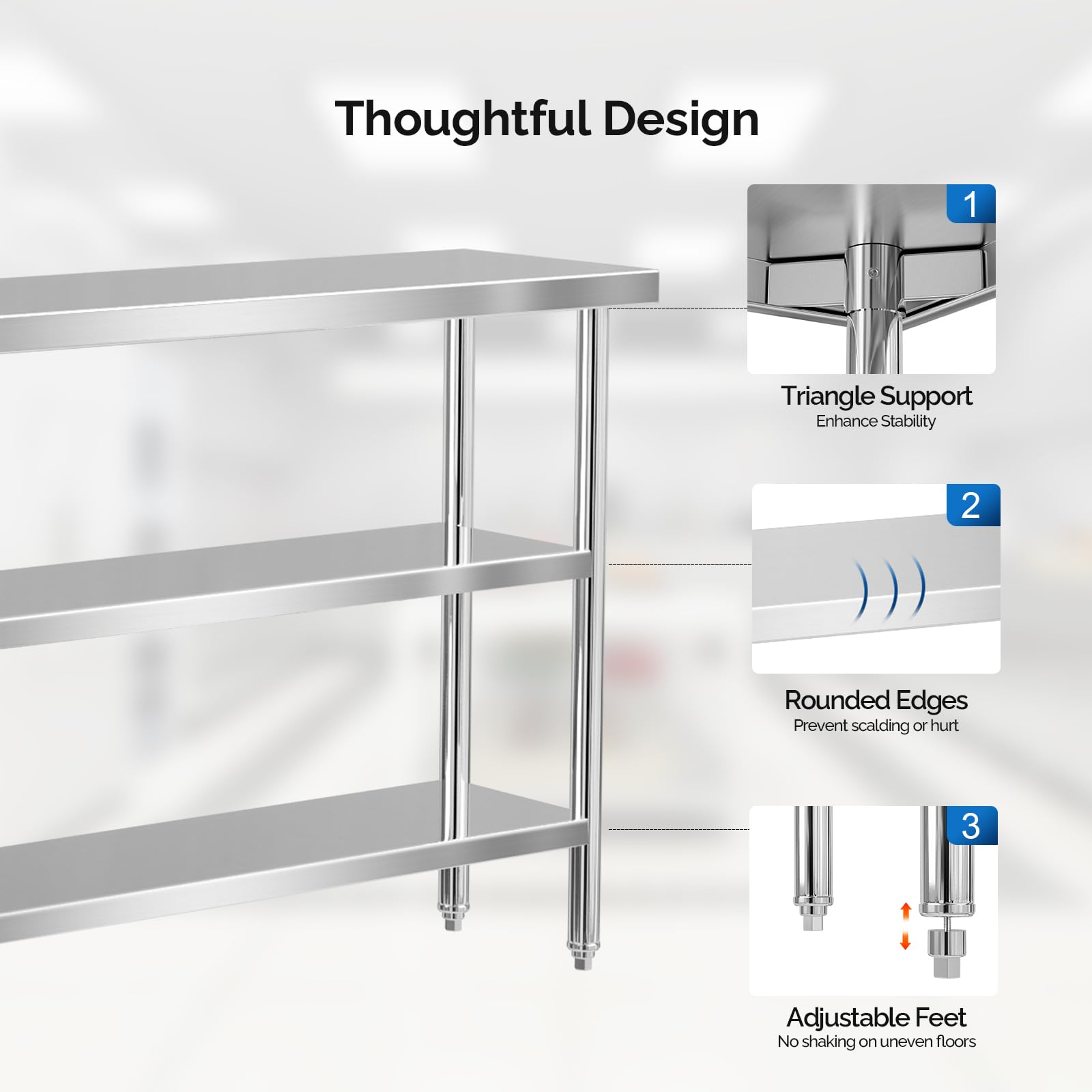 ROVSUN 48x14 Inch NSF Certified Stainless Steel Commercial Prep Table with 2 Shelves - Heavy Duty Metal Work Table for Kitchen, Restaurant, Home, Hotel & Garage - Perfect for Food Prep, Storage & Workspaces