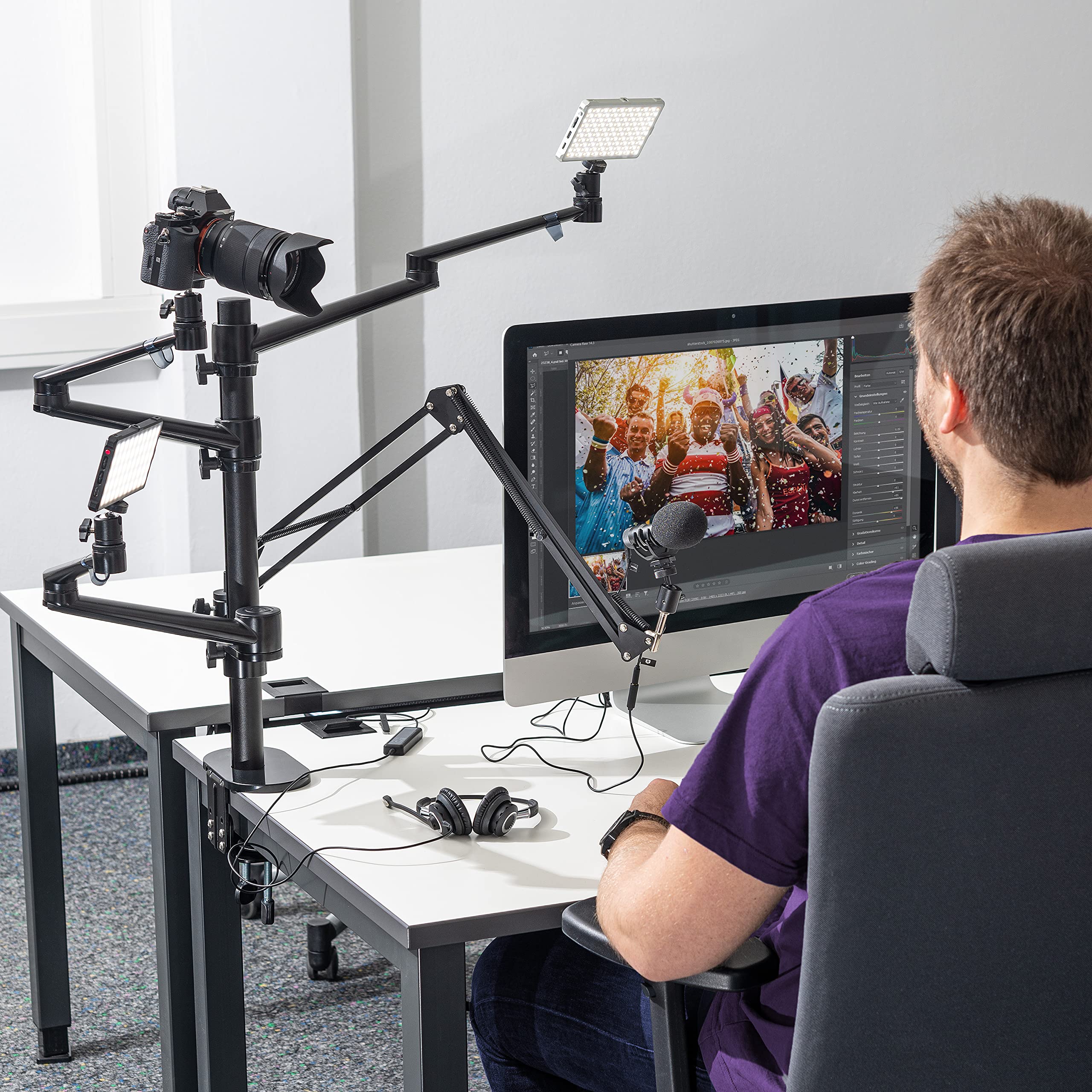 Walimex Pro Flexible Microphone Boom Arm & Table Tripod Stand - Heavy Duty 2kg Capacity with 360° Ball Head for Camera, LED Lights - Perfect for Streaming, Vlogging, Video Calls & Studio Setup - Fits Tables up to 65mm Thick