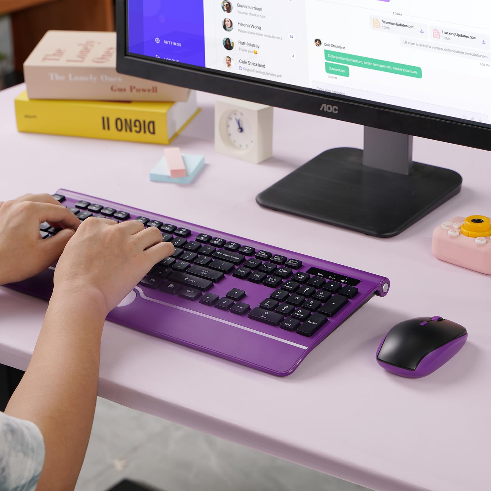 Wireless Keyboard and Mouse Combo, 2.4G Silent Purple Set with Wrist Rest for PC, Laptop - Home & Office Use