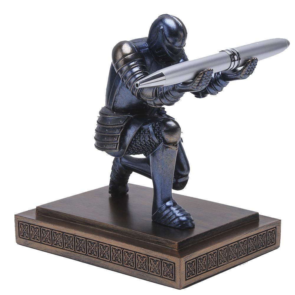 Stylish Resin Knight Pen Holder & Desk Organizer - Office & Home Decor Gift Set with Cool Pen (Blue) - Perfect for Workstations, Study Desks & Gamer Setups