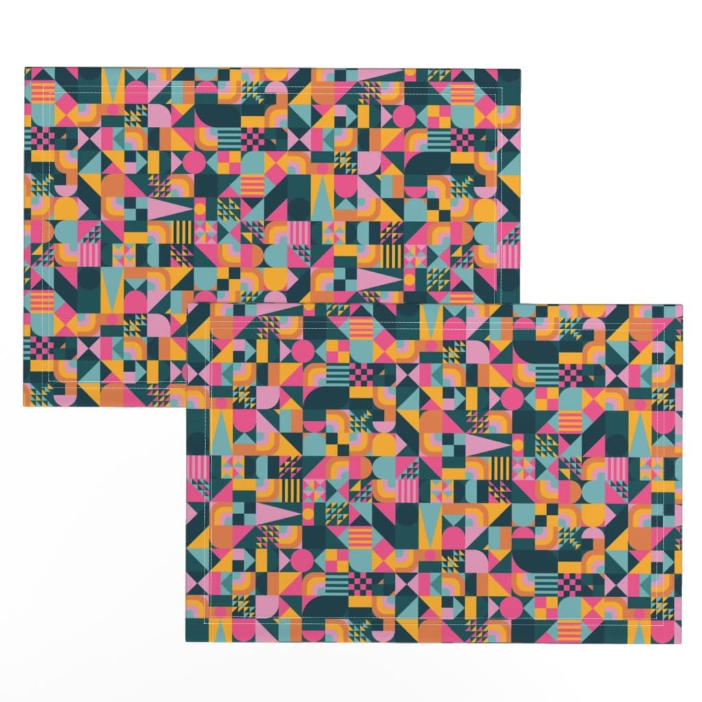 Spoonflower Linen Cotton Canvas Placemats Set of 2 - Retro Geometric Abstract Small Scale Print Cloth Placemats for Dining Table, Kitchen Decor, and Home Accessories