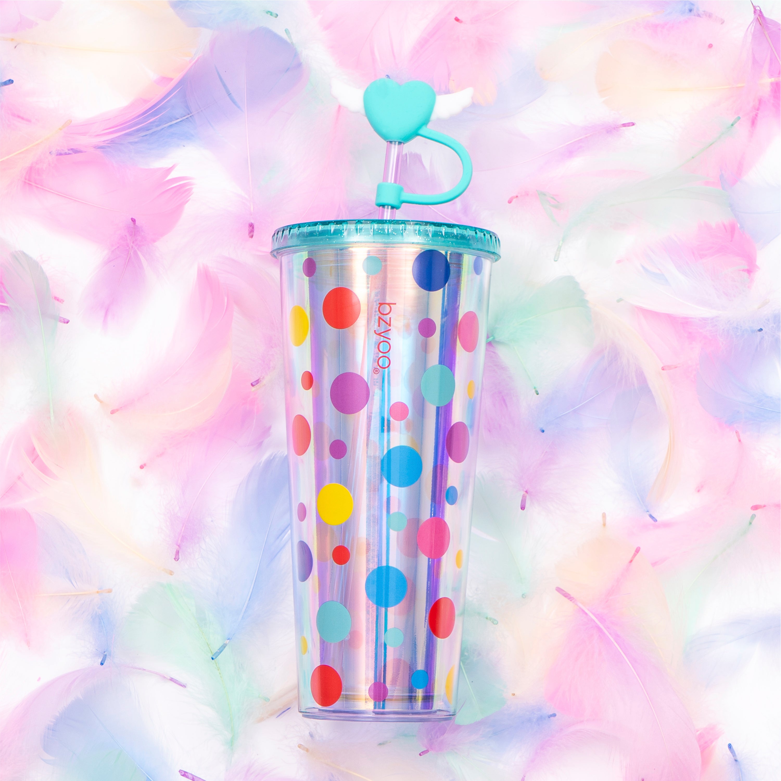 24oz Insulated Tumbler with Heart-Shaped Lid & Wing Straw - Cute Polka Dot Design - Perfect for Coffee, Iced Tea & Cold Drinks at Work, Gym or Travel
