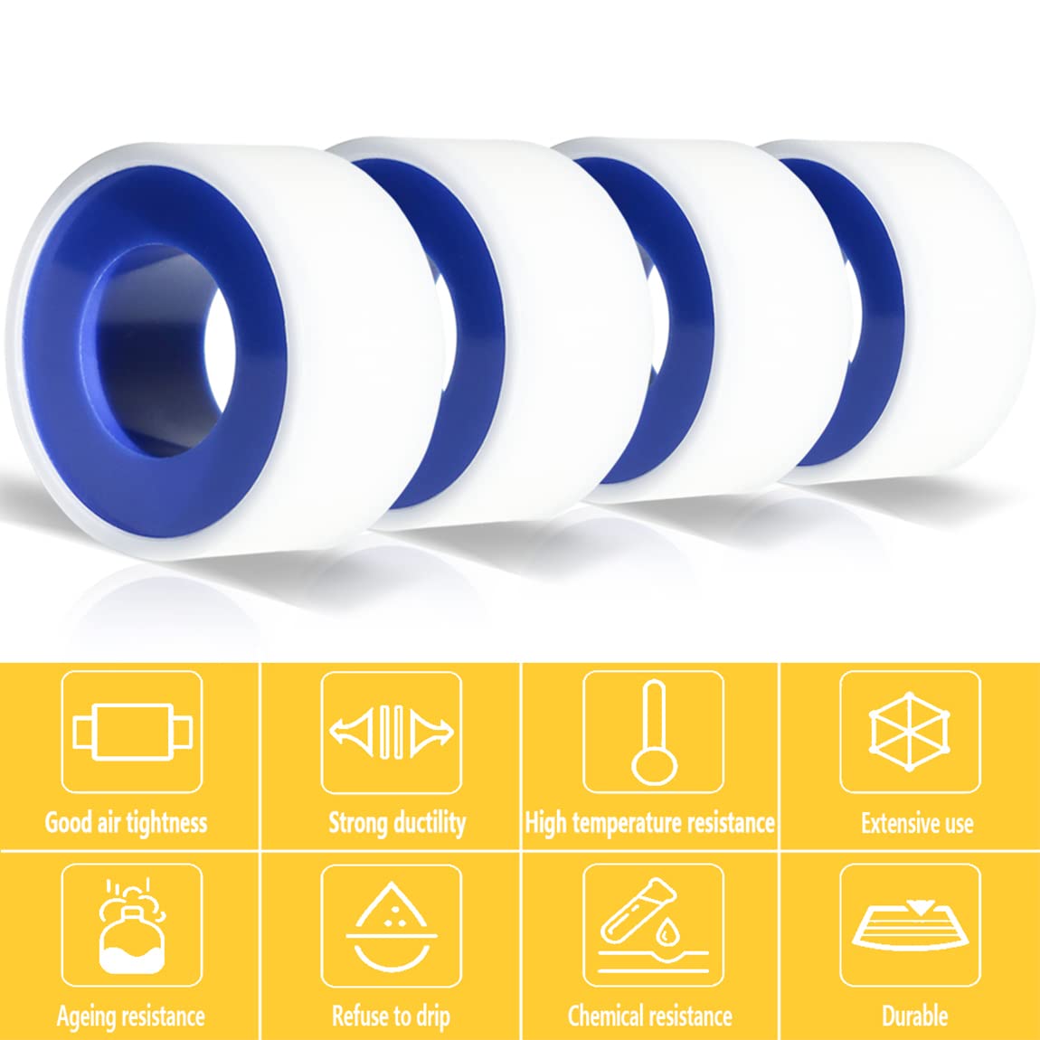 4 Rolls 3/4 Inch x 520 Inch PTFE Teflon Tape - High Temperature Resistant Plumbing Thread Seal Tape for Pipe Fittings, Shower Head, Leak Repair - Perfect for DIY Home Plumbing & Water Pipe Connections