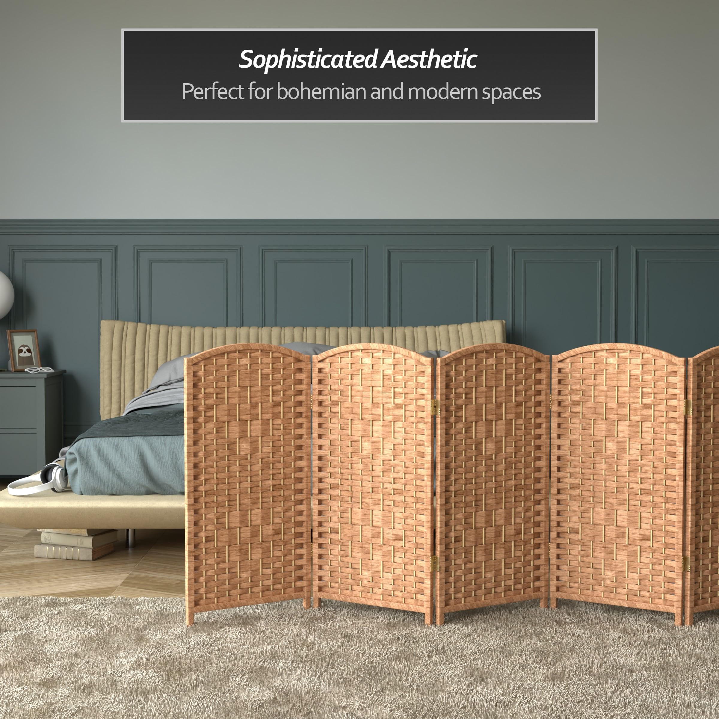 3 ft Red Lantern Natural Diamond Weave Folding Screen - 6 Panel Room Divider for Home Decor, Office Privacy & Asian Style Interior Design