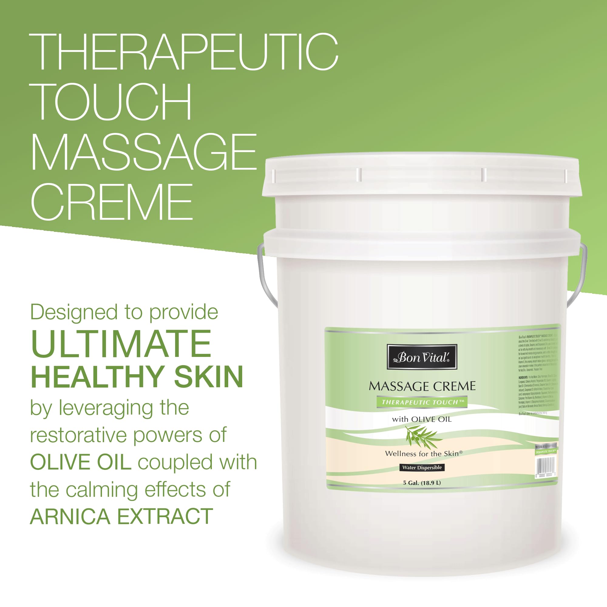 Bon Vital' Therapeutic Touch Massage Cream - Professional Olive Oil Massage Lotion for Dry Skin Repair & Muscle Pain Relief | Full Body Moisturizer for Youthful Skin | 5 Gallon Bulk Size | Ideal for Spa, Physical Therapy & Home Massage Use