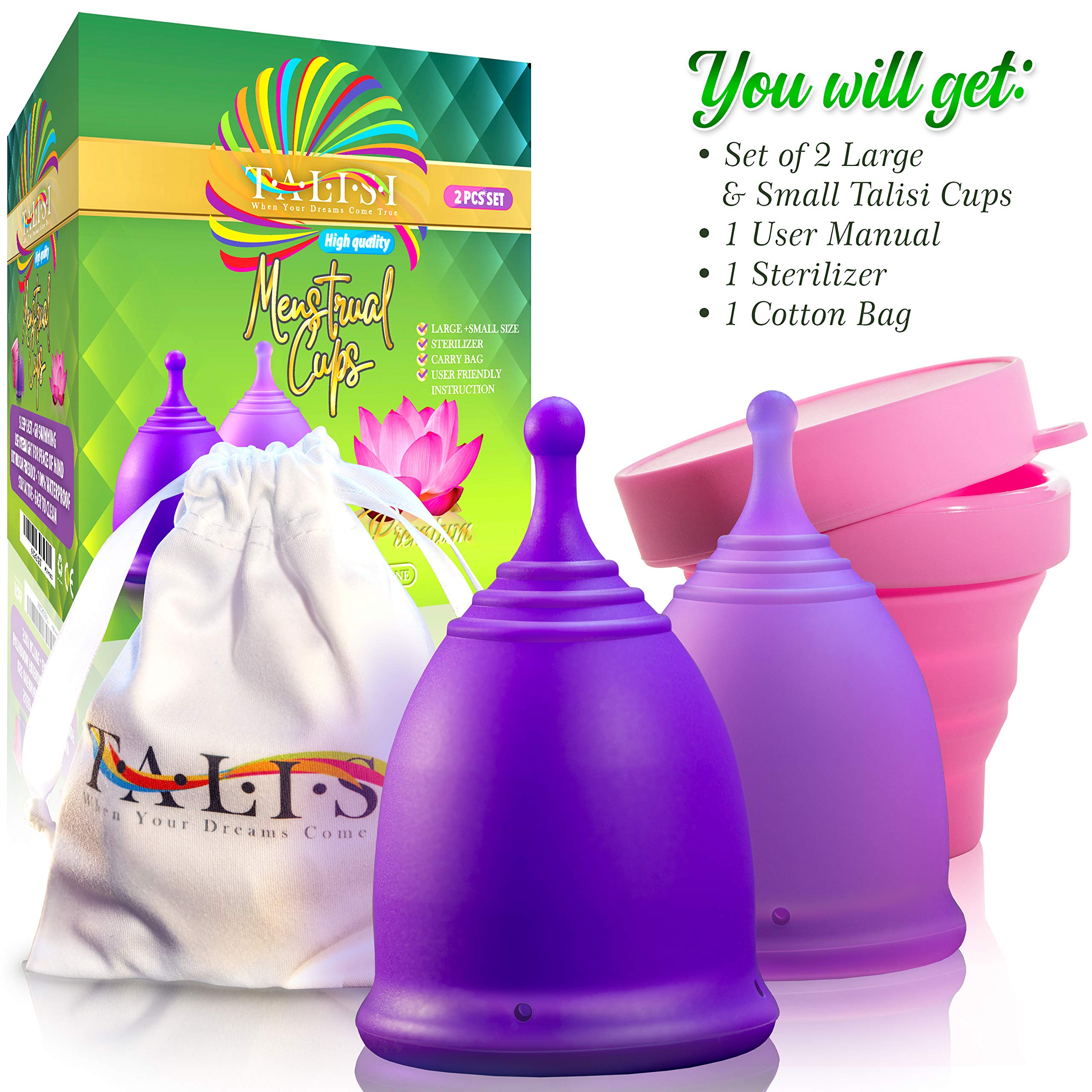 **Talisi Reusable Menstrual Cup Set (Small & Large) – 2 Pack with Foldable Silicone Sterilizer | Soft, Leak-Proof Period Cup for Heavy & Light Flow | Eco-Friendly Alternative to Tampons & Pads | Ideal for Travel, Gym & Active Lifestyles**