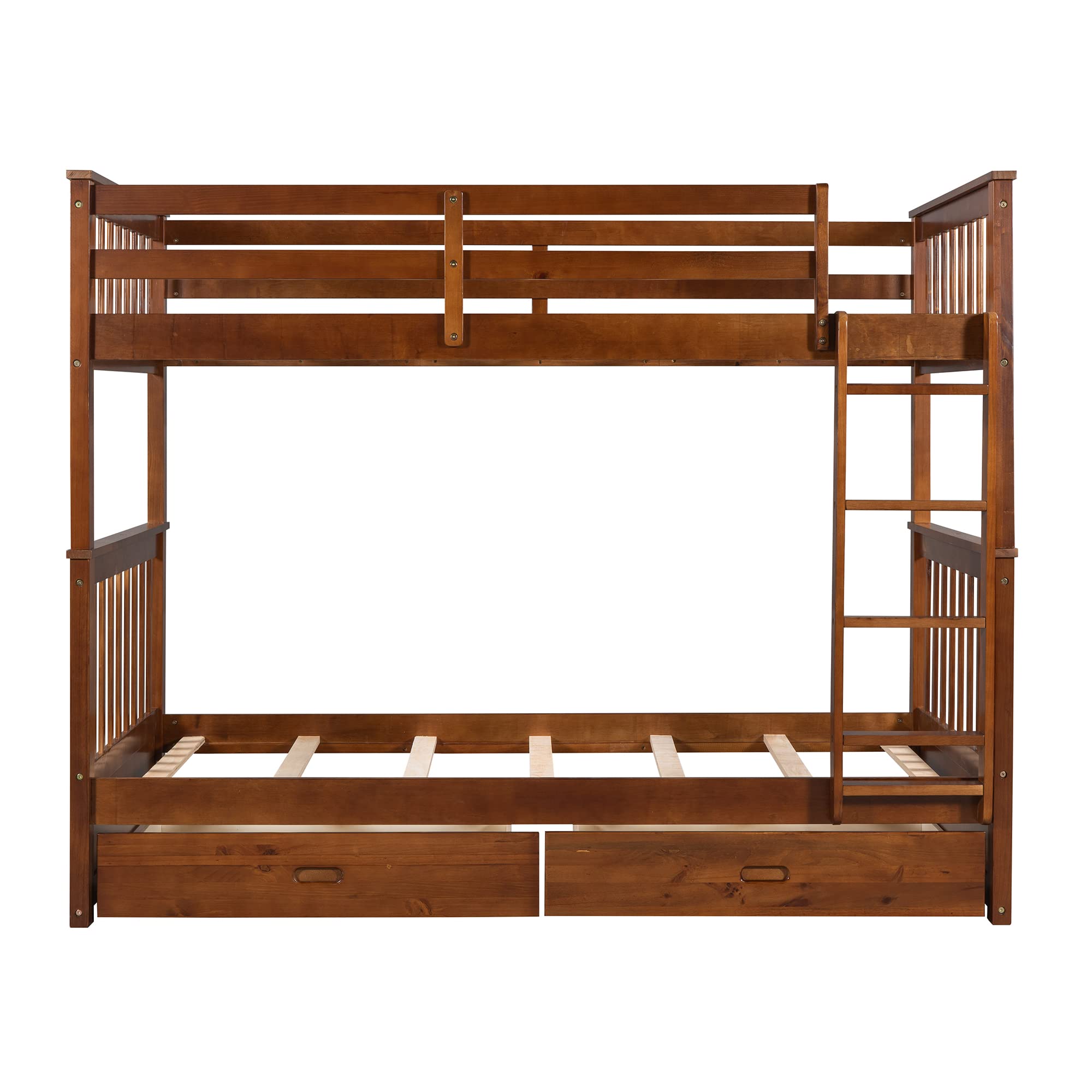 P PURLOVE Twin Over Twin Bunk Bed with 2 Storage Drawers - Convertible Wooden Bunk Bed Frame with Ladder - Separates into 2 Single Beds - Space-Saving Solution for Kids, Teens, Boys & Girls - No Box Spring Required (Walnut Finish) - Perfect for Small Bedrooms, Guest Rooms & Vacation Homes
