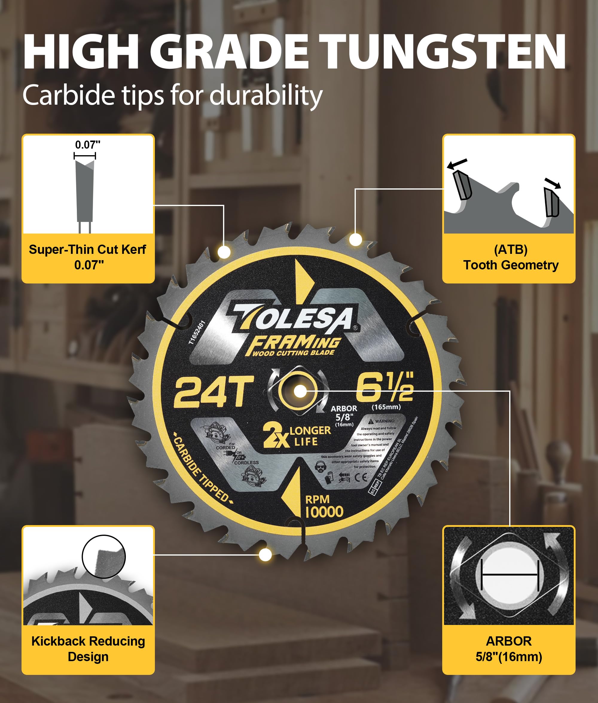 TOLESA 6-1/2 Inch 24T Circular Saw Blade with 5/8