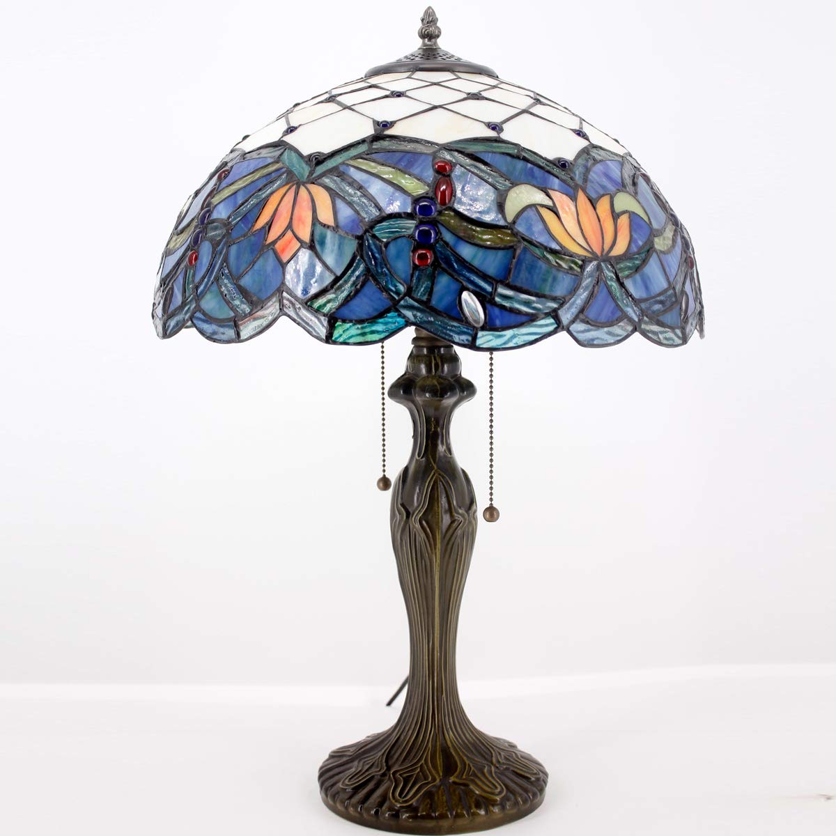 Tiffany Style Stained Glass Table Lamp - Blue Lotus Design, 16x16x24 Inches, Metal Base for Bedroom, Living Room, Home Office (S220 Series) | Perfect for Reading, Nightstand Decor & Cozy Ambiance Lighting
