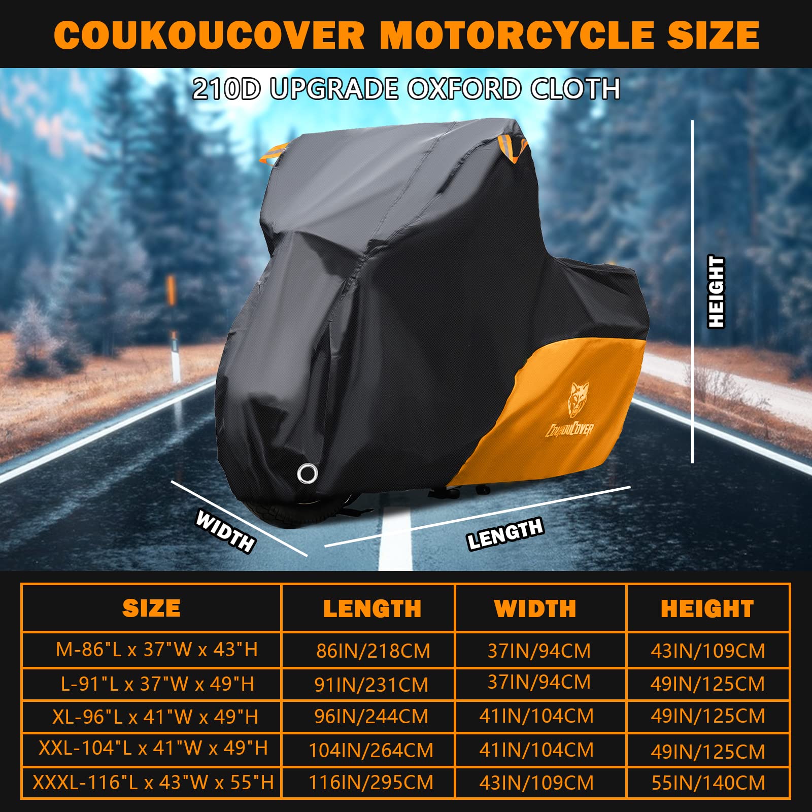 Heavy Duty Waterproof Motorcycle Cover for Outdoor Use - Fits Yamaha Honda Suzuki Kawasaki (XXL Black&Orange) - Ideal for Garage & Travel Protection