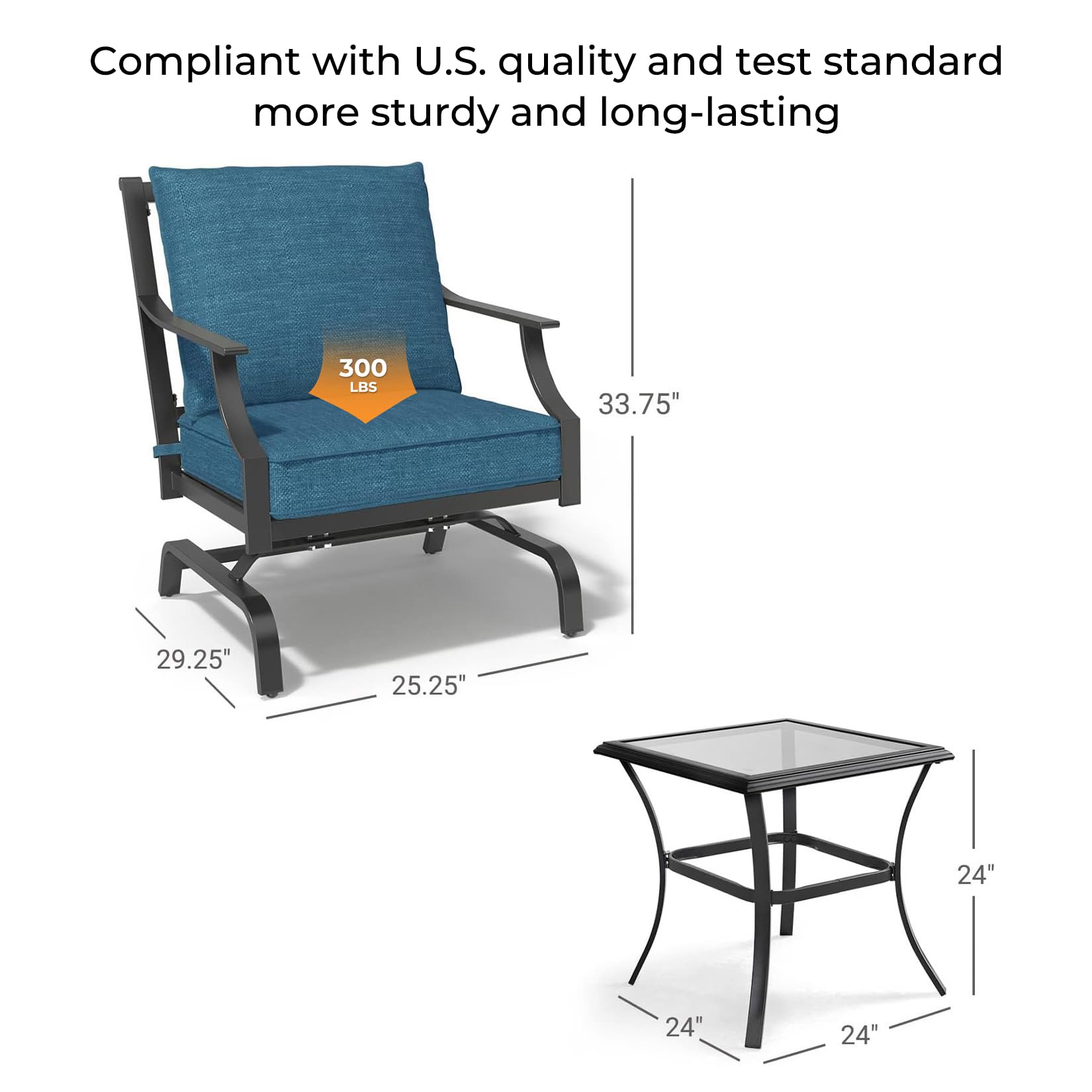 3-Piece Outdoor Rocking Patio Furniture Set - 2 Rocking Chairs with Coffee Table & Cushions, Peacock Blue - Perfect for Lawn, Porch, Garden & Backyard Relaxation
