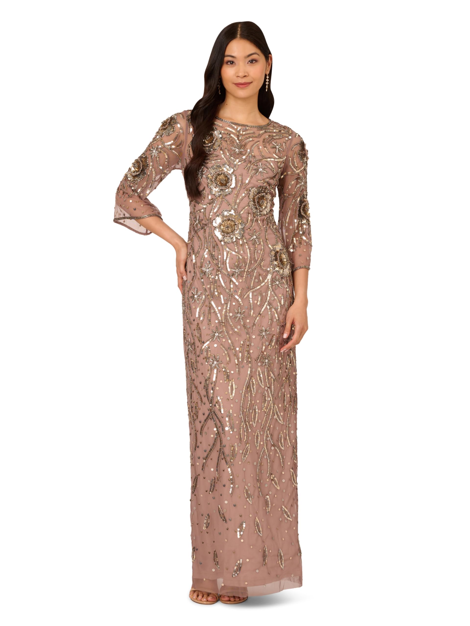 Adrianna Papell Women's Elegant Beaded Mesh Long Evening Gown - Perfect for Weddings, Galas & Formal Events