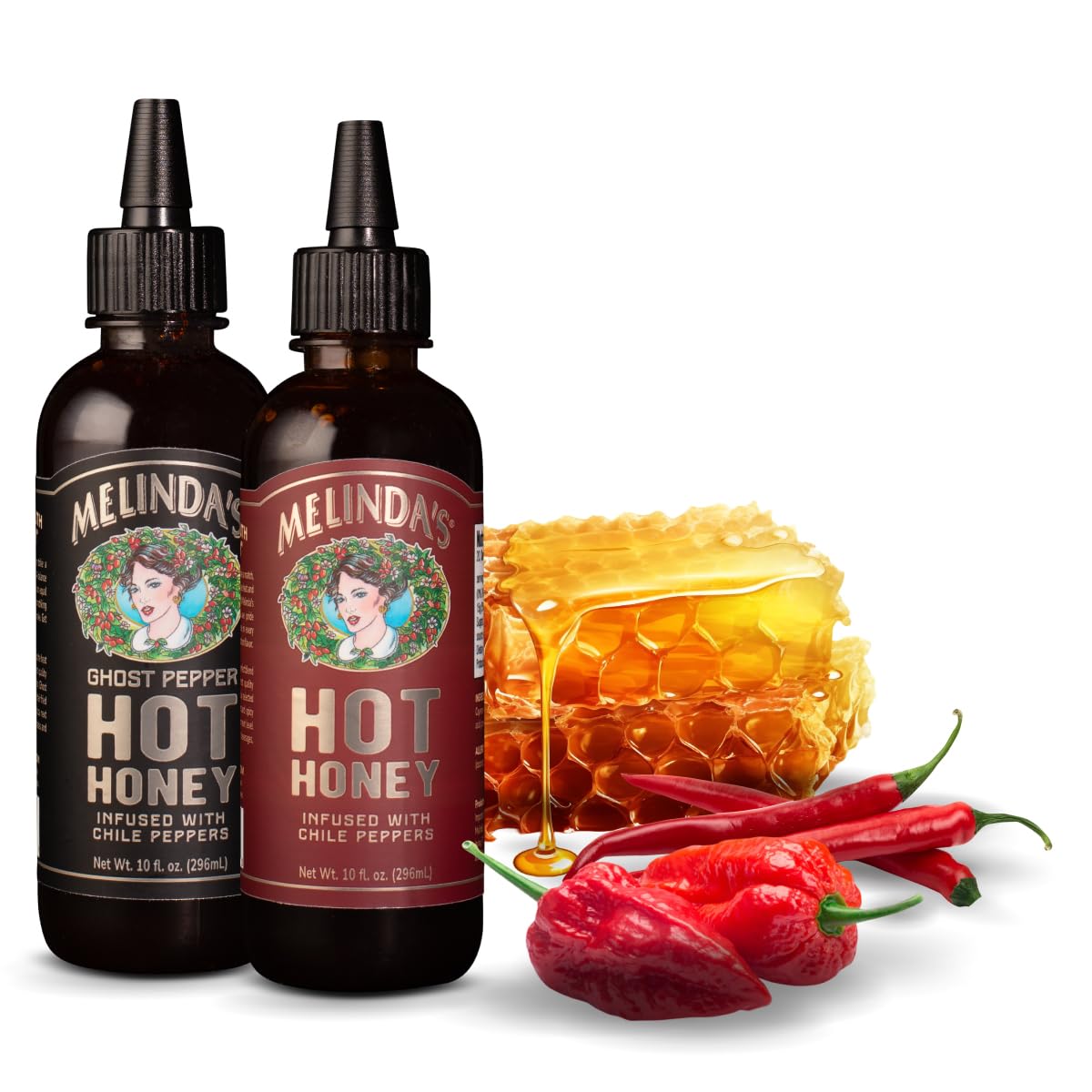 Melinda’s Hot Honey Collection - 10 oz, 2 Pack - Spicy Honey Sauce Variety Pack with Classic Hot Honey & Ghost Pepper Honey - Sweet & Spicy Infused Honey for Wings, Pizza, Cocktails & BBQ Glazes