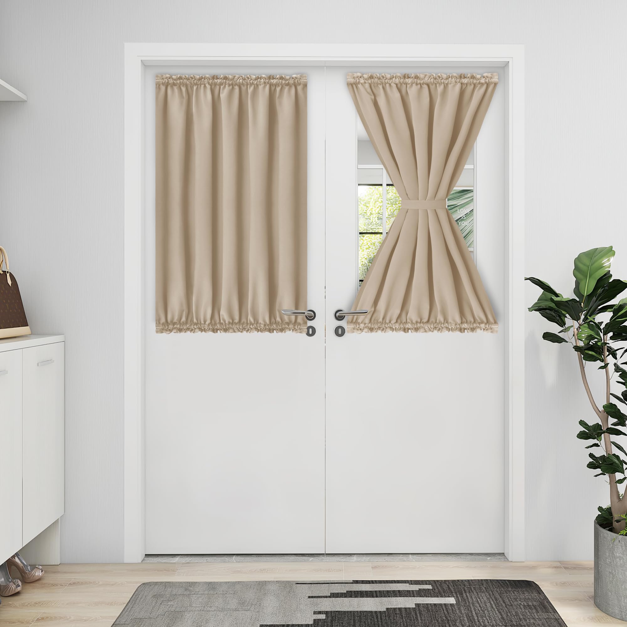 Blackout Door Curtains for Privacy & Light Filtering - Rod Pocket French Door Window Panels with Tiebacks (1 Panel, 25x40 Inches, Beige) - Perfect for Bedrooms, Living Rooms & Home Offices