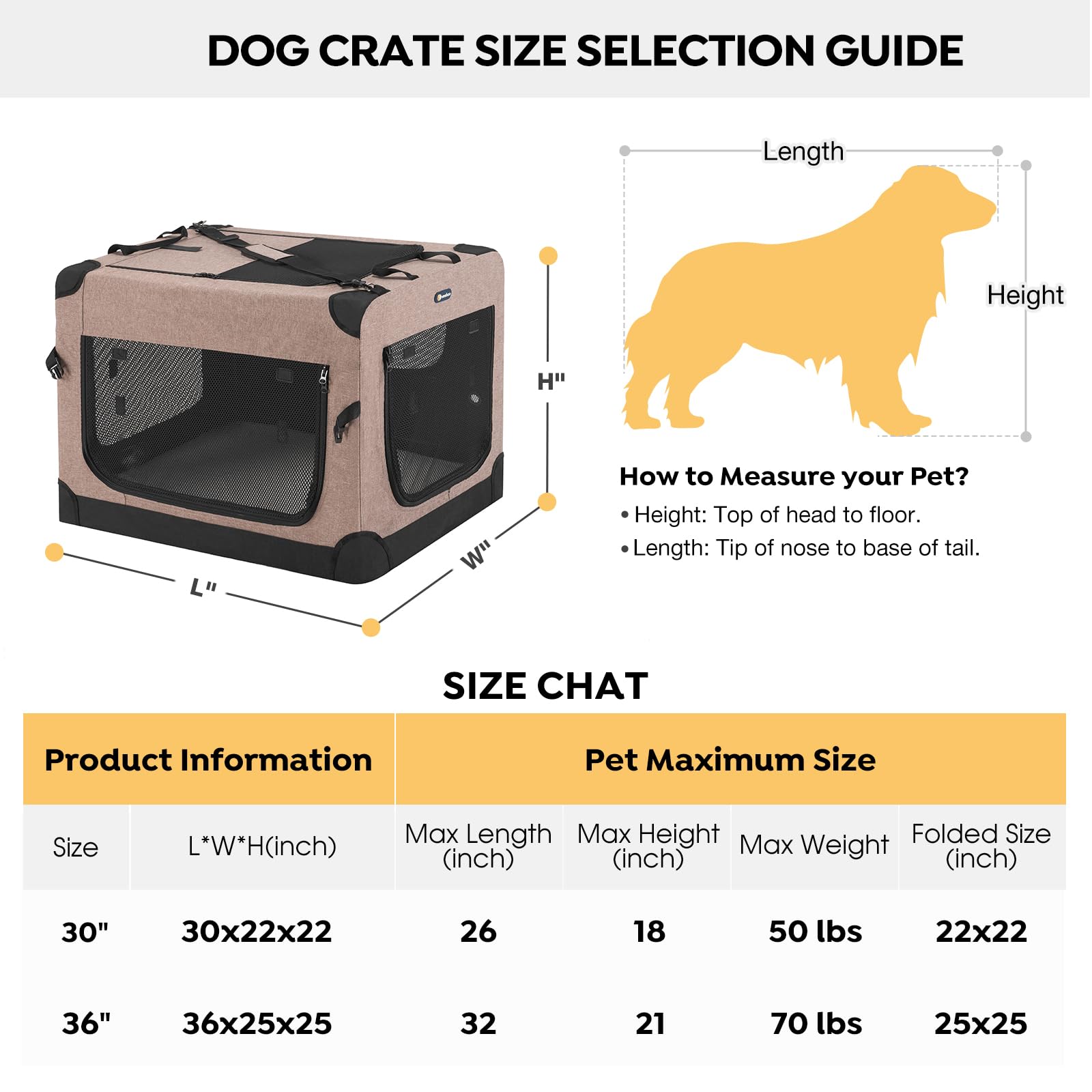 Veehoo 30 Inch Folding Soft Dog Crate - 4-Door Portable Collapsible Pet Kennel for Medium Dogs | 600D Oxford Fabric with 5 Durable Mesh Screens | Indoor & Outdoor Use for Travel, Camping, Home, and Car | Brown (CWB2428CP)