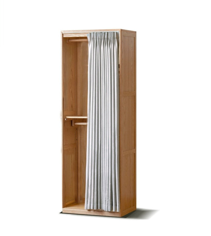 Oak Solid Wood Wardrobe with Curtain Design - Elegant Closet Storage for Bedroom, Living Room & Dorm Organization