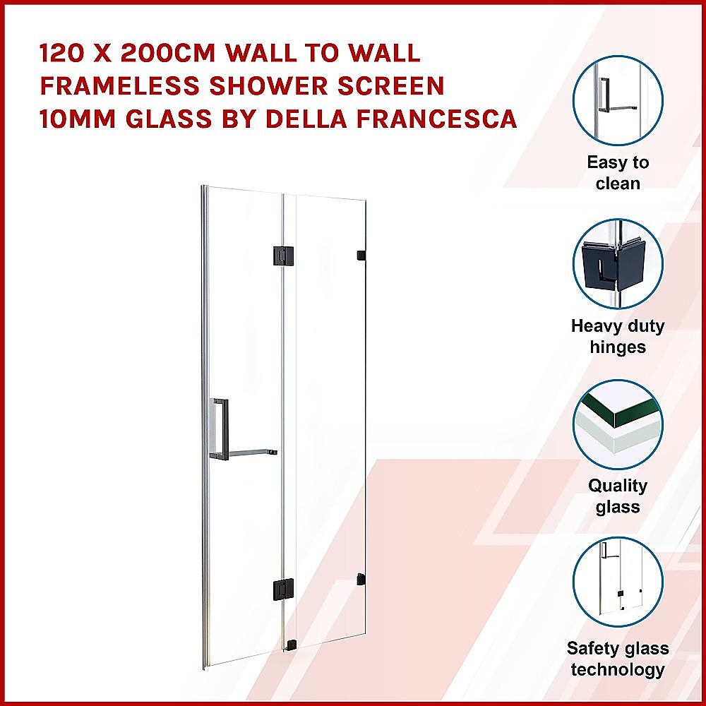 120 x 200cm Frameless Shower Screen - 10mm Tempered Glass Wall to Wall Bathroom Enclosure by Della Francesca | Modern Waterproof Bathroom Design for Home & Hotel Use