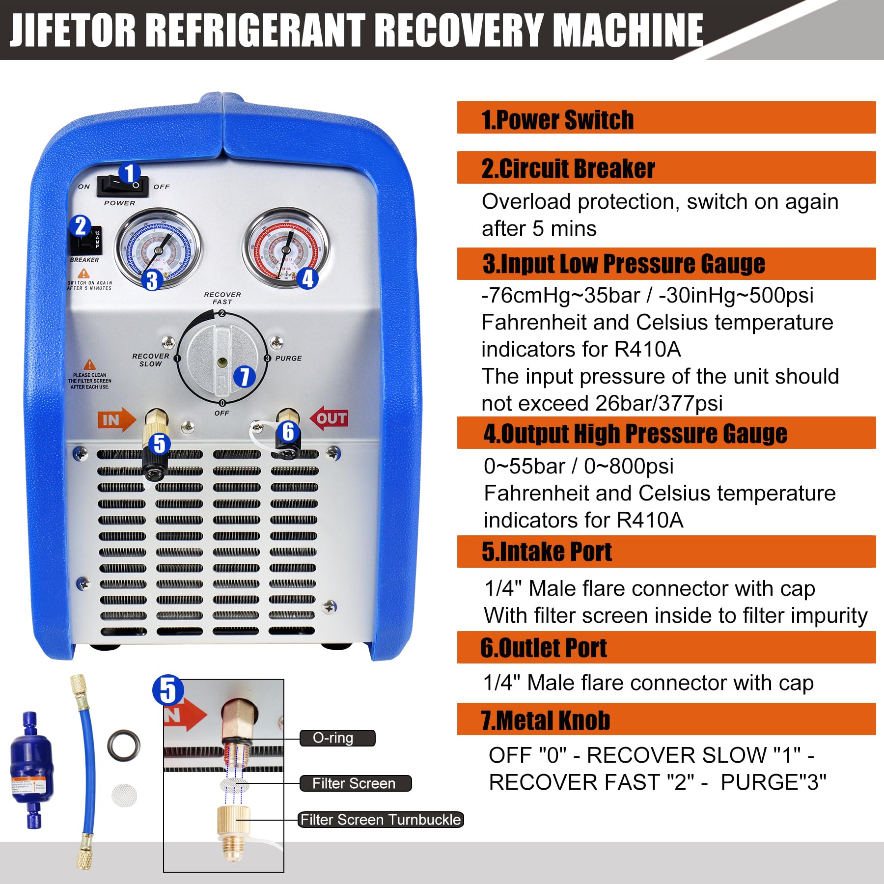 JIFETOR Portable AC Refrigerant Recovery Machine - 3/4HP Oil-Free Compressor for Recycling Liquid & Vapor Refrigerant | Automotive AC & HVAC System Maintenance Tool | Ideal for Car Repair Shops & Home HVAC Service