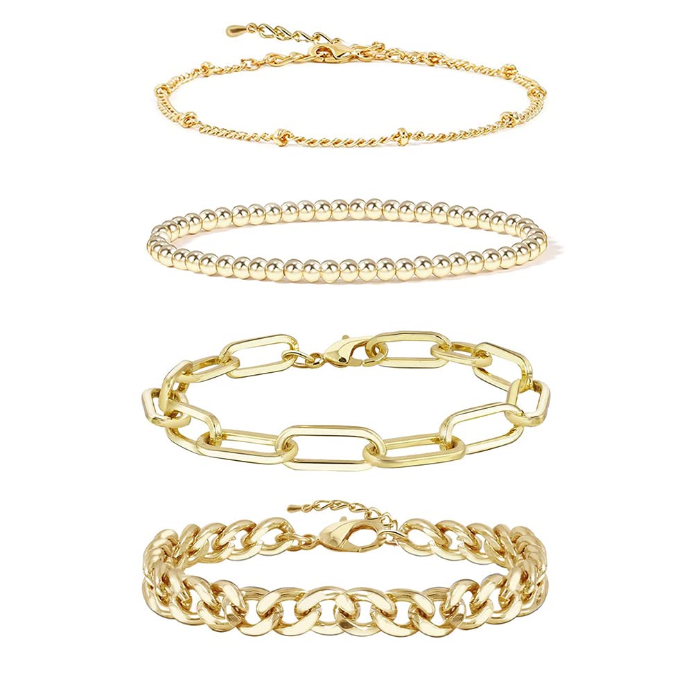 Gold Plated Dainty Stackable Paperclip Link Chain Bracelet with Small Ball Beads - Adjustable Layered Bracelet for Women & Girls - Perfect for Everyday Wear, Stacking & Gift Giving