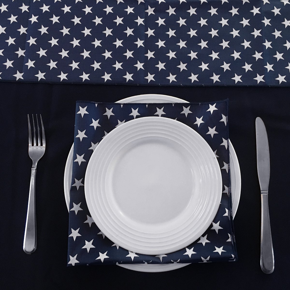 4th of July Patriotic Table Linen Set - Navy Blue Polyester Tablecloth with 10 Star Napkins & Table Runner - Perfect for Independence Day BBQs, Picnics, and Holiday Decorations