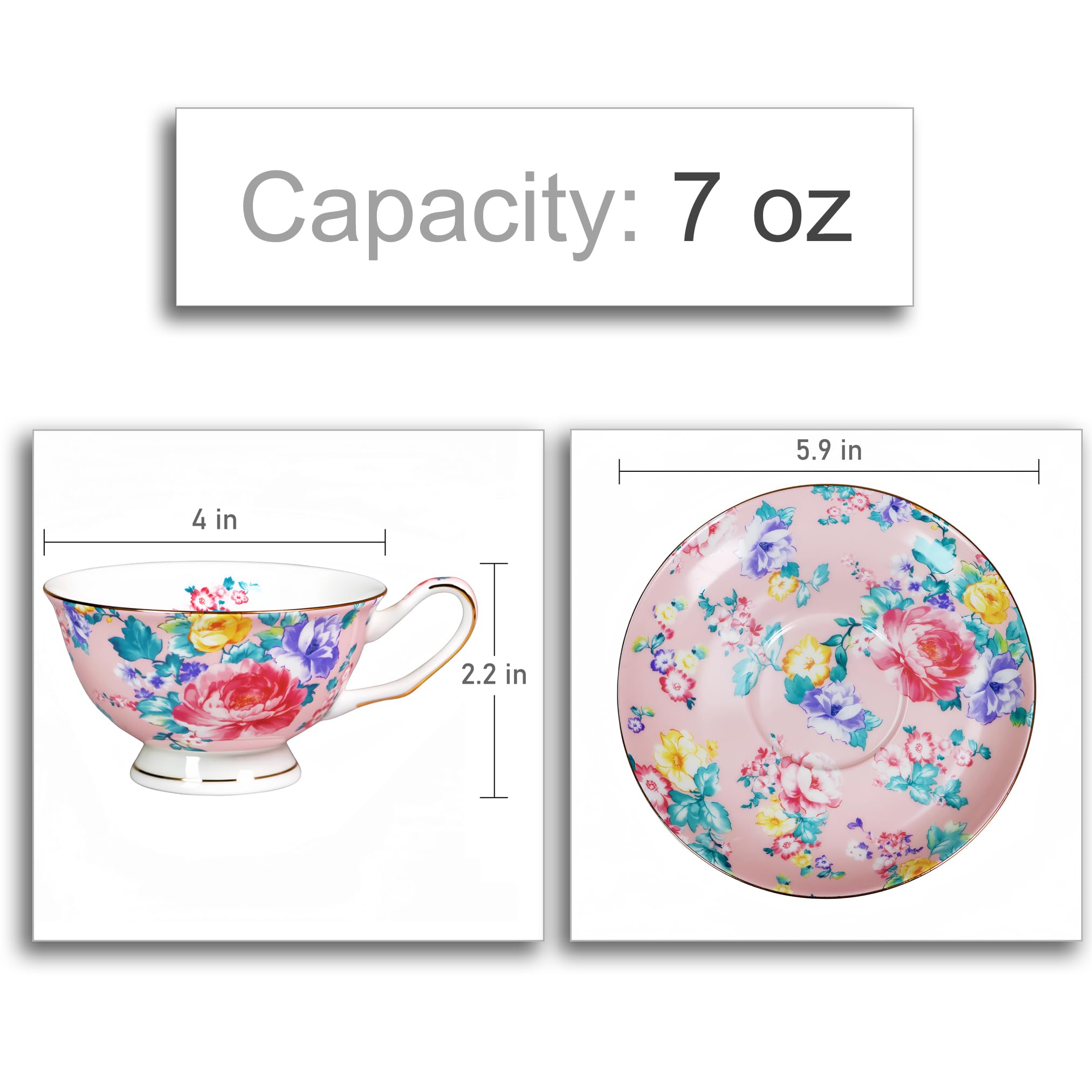 7oz Floral Bone China Tea Cup and Saucer Set - Elegant Coffee & Tea Drinking Set for Women, Perfect Gift for Mom, Friends & Tea Parties - Ideal for Afternoon Tea, Bridal Showers & Home Decor