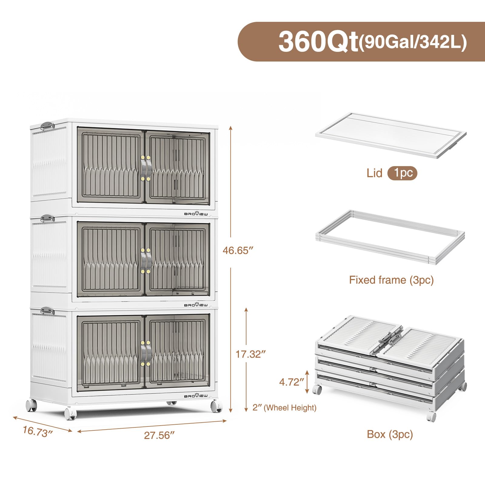 120 Qt Stackable Storage Bins with Lids - 3-Pack White Collapsible Organizing Containers with Wheels | Closet, Clothes & Home Organization | Perfect for Bedroom, Garage & Moving Storage