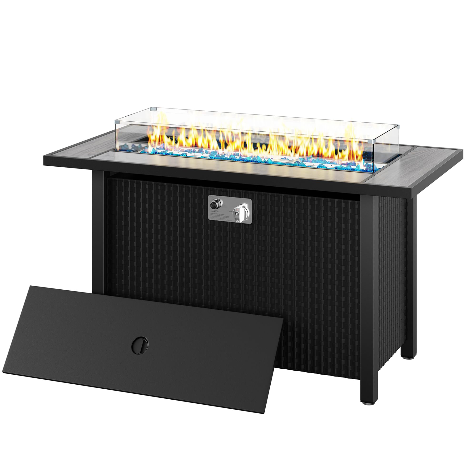 JAMFLY 45 Inch Propane Fire Pit Table - 50,000 BTU Outdoor Gas Fire Pit with Glass Wind Guard & Blue Glass Rocks - Waterproof Cover Included - Perfect for Patio, Backyard, and Garden Gatherings (Gray)