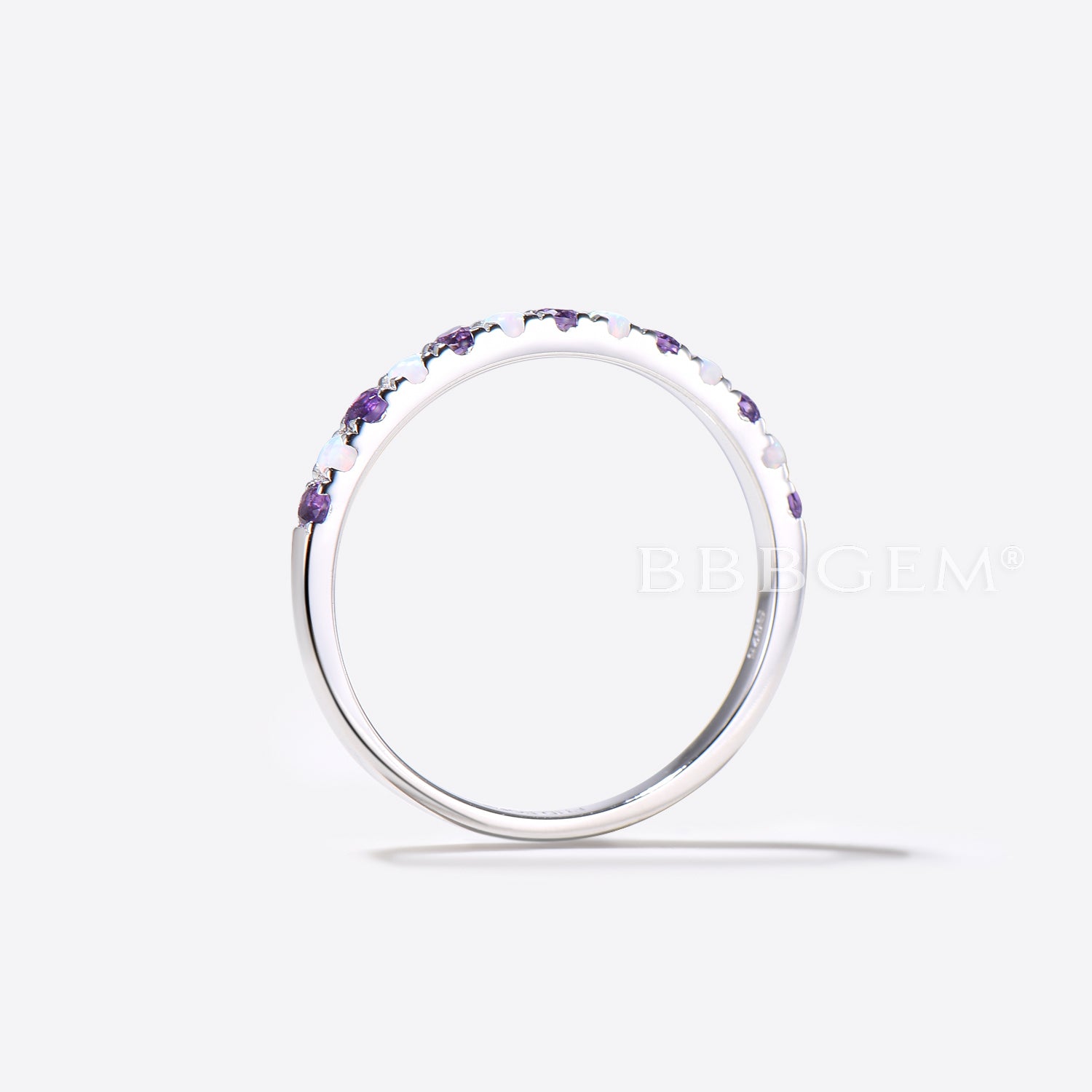 Opal Amethyst Wedding Band Ring - Half Eternity Stackable Ring for Women - 925 Sterling Silver Anniversary Gift for Her - Perfect for Bridal Jewelry, Stacking Rings & Special Occasions