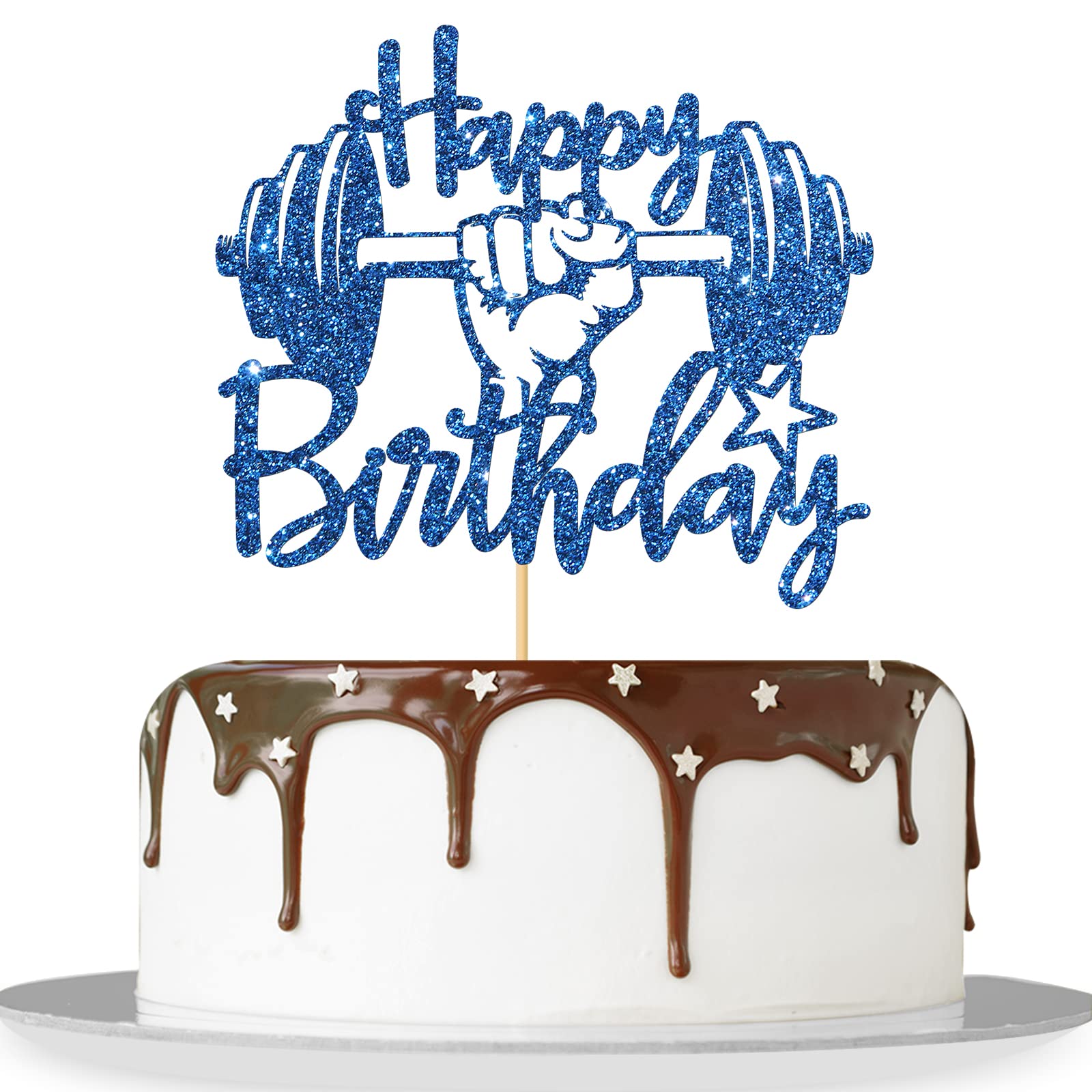 MonMon & Craft Weightlifting Happy Birthday Cake Topper - Weight Lifter Party Decor for Boys & Girls - Blue Glitter Fitness Gym Cake Decoration - Perfect for Sports Themed Birthday Parties & Gym Celebrations