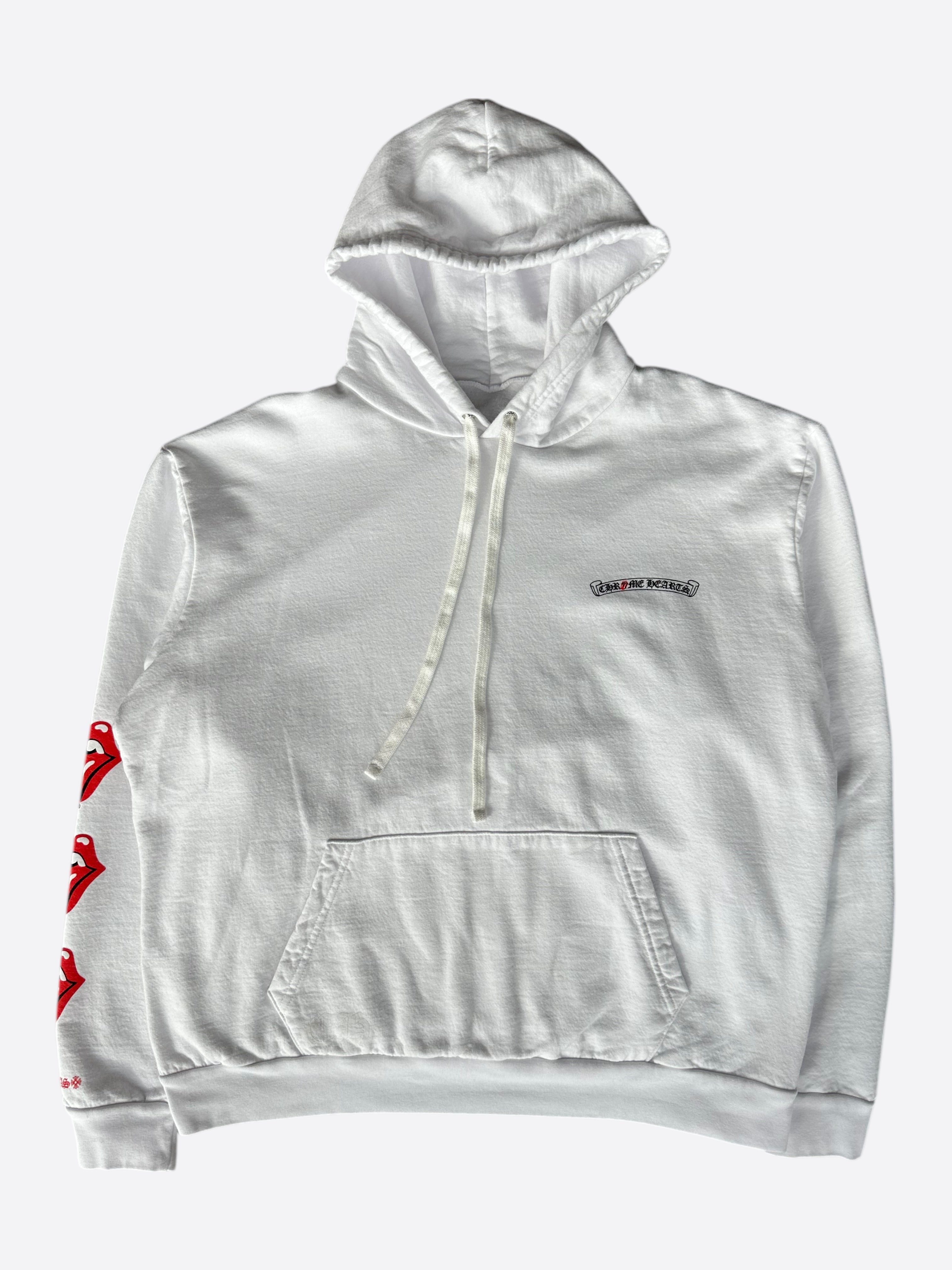 Chrome Hearts White & Red Rolling Stones Scroll Logo Hoodie - Stylish Streetwear for Men & Women | Perfect for Casual Outfits, Concerts & Urban Fashion