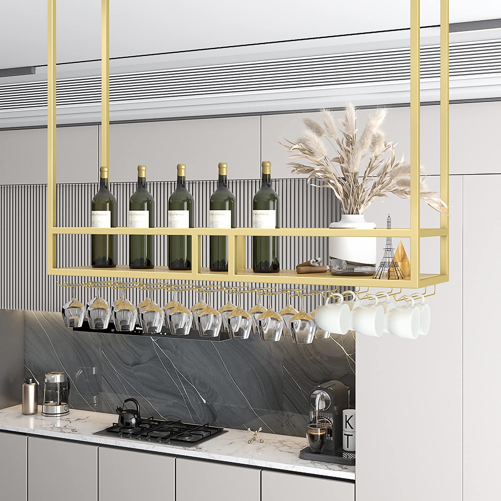 Ceiling Mount Shelf Bracket - Floating Wine Rack with Stemware Glass Shelf | Hanging Storage Shelves for Kitchen, Bar & Home Decor | Display & Organize Wine Glasses, Flowers & Decorative Items