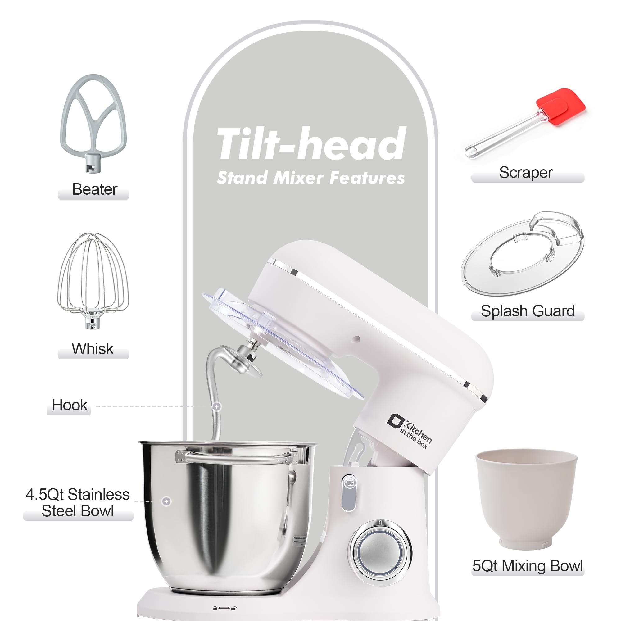 4.5QT Stand Mixer with 5QT Bowl - 10 Speed Electric Kitchen Mixer for Baking & Cooking (Frost White)