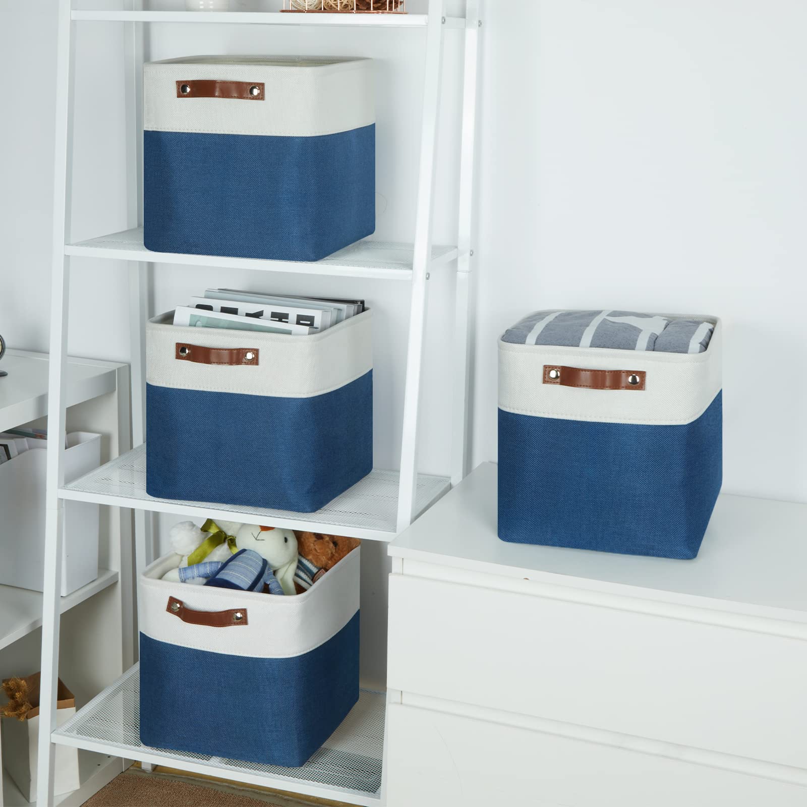 Temary 4-Pack Fabric Storage Cubes 11x11 Inch - Blue & White Organizing Bins with Handles for Home, Closet, Office, Nursery | Perfect for Shelves, Toy Storage, and Gift Baskets