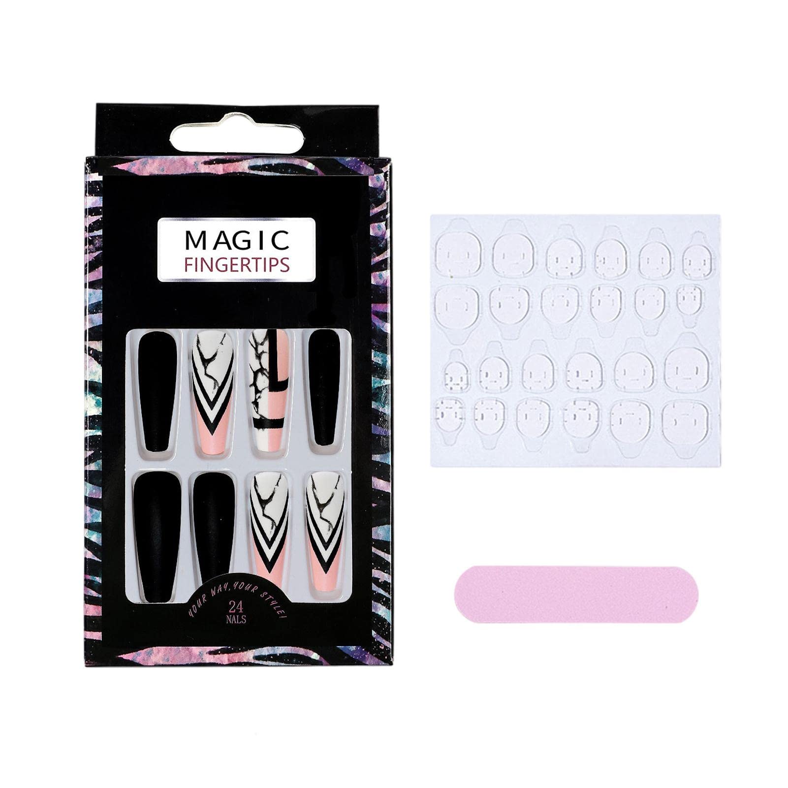 J-Fake Nails Long Coffin Shape - Acrylic French False Nails for Women & Girls | Full Cover Artificial Nails for DIY Nail Art & Salon | Perfect for Parties, Weddings & Special Occasions