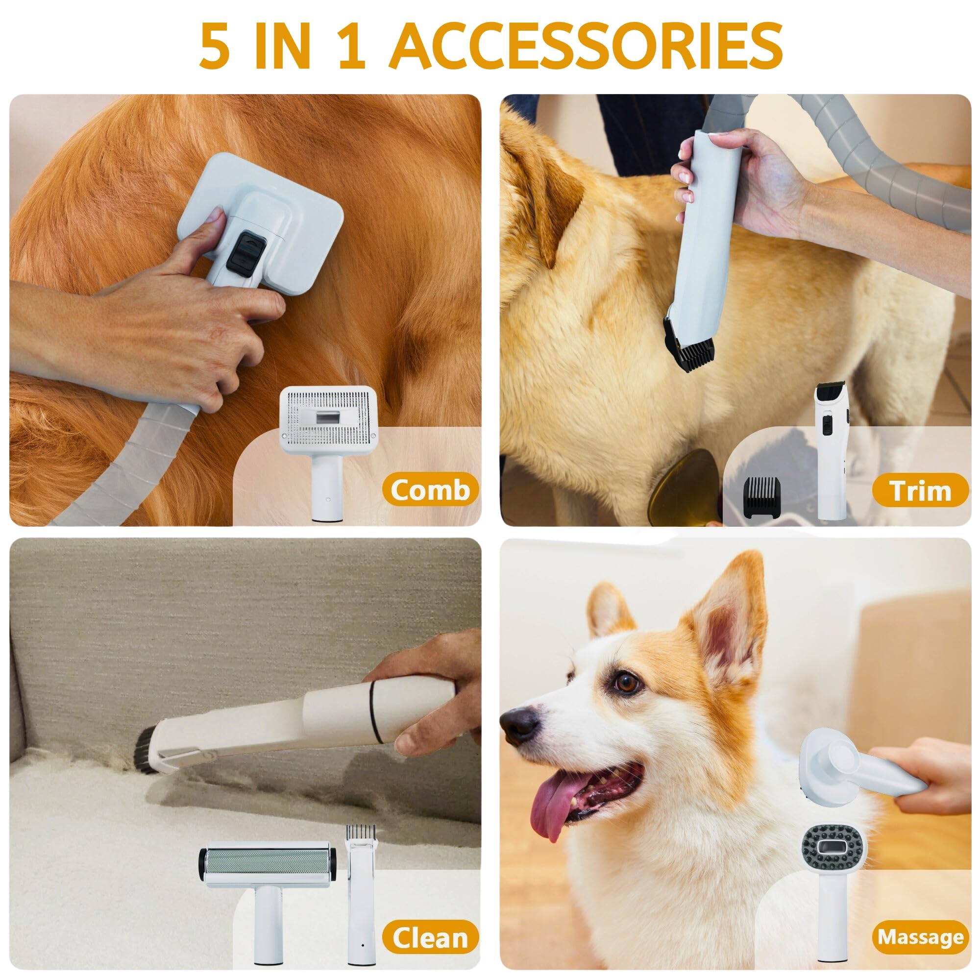 FOTING 5-in-1 Dog Grooming Vacuum Kit - 12000Pa Powerful Pet Hair Vacuum with Clippers, Shedding Brush & 2 Suction Levels - Professional Grooming Tools for Dogs - Perfect for Home Pet Grooming & Shedding Control