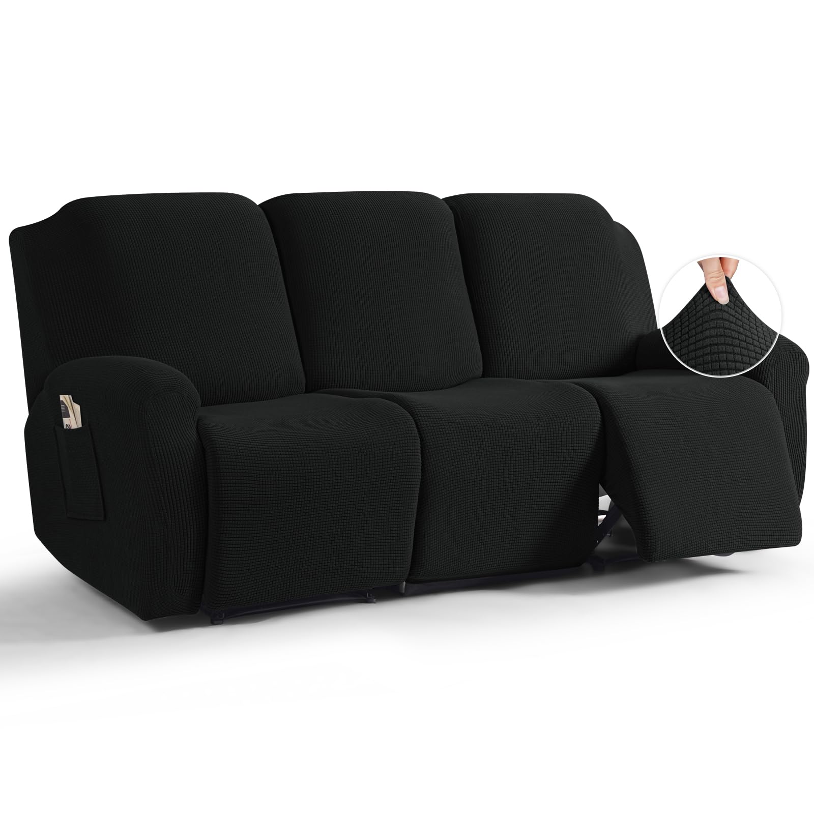 TAOCOCO 8-Piece Stretch Recliner Sofa Cover Set - Soft Jacquard Fabric Couch Slipcover for 3-Seat Reclining Sofas, Furniture Protector (Black) - Perfect for Living Room, Home Theater & Family Gatherings