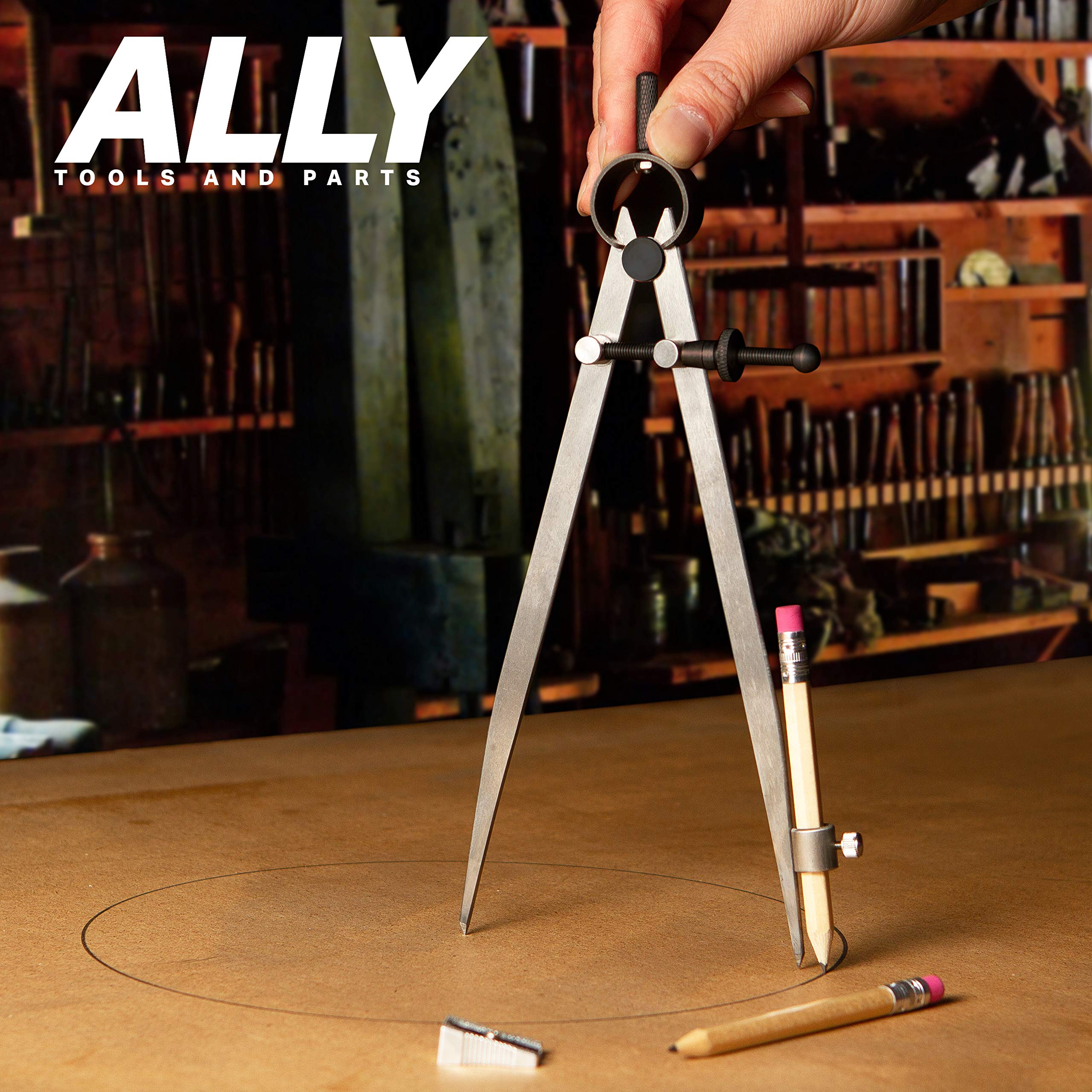ALLY Tools 8 Inch Precision Locking Spring Divider - Woodworking Compass with Pencil Holder, Includes 2 Pencils & Sharpener - Perfect for Drawing, Drafting, Carpentry, Woodworking & DIY Projects