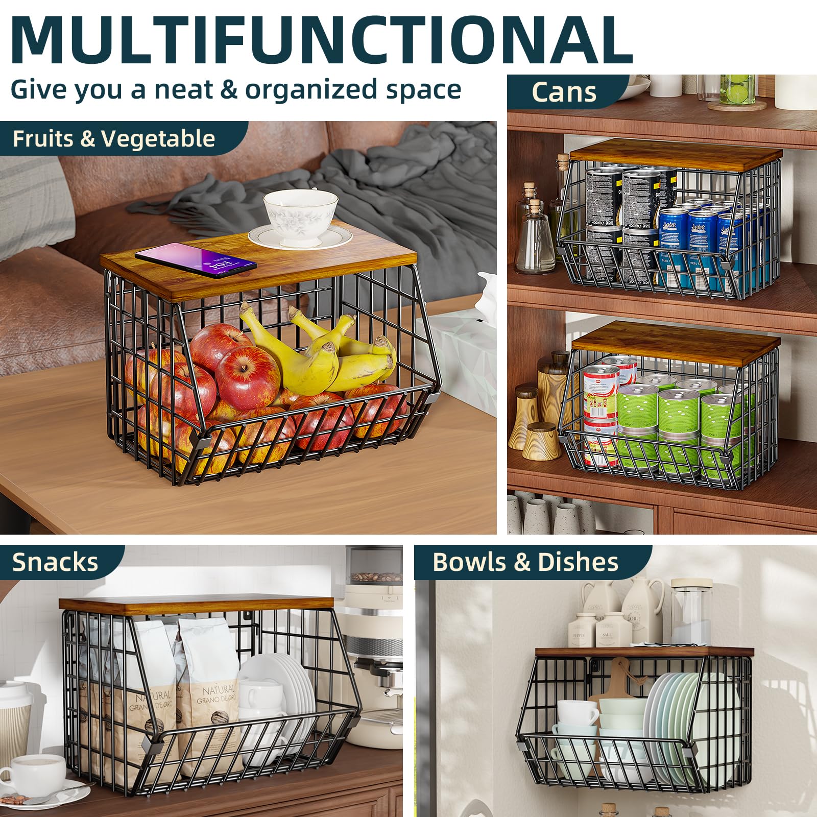 SUFAUY 2-Pack Black Wire Fruit Basket for Kitchen - Pantry Storage Bin for Potatoes, Onions & Bread - Countertop or Wall Mounted Organizer for Fresh Produce & Bakery Items