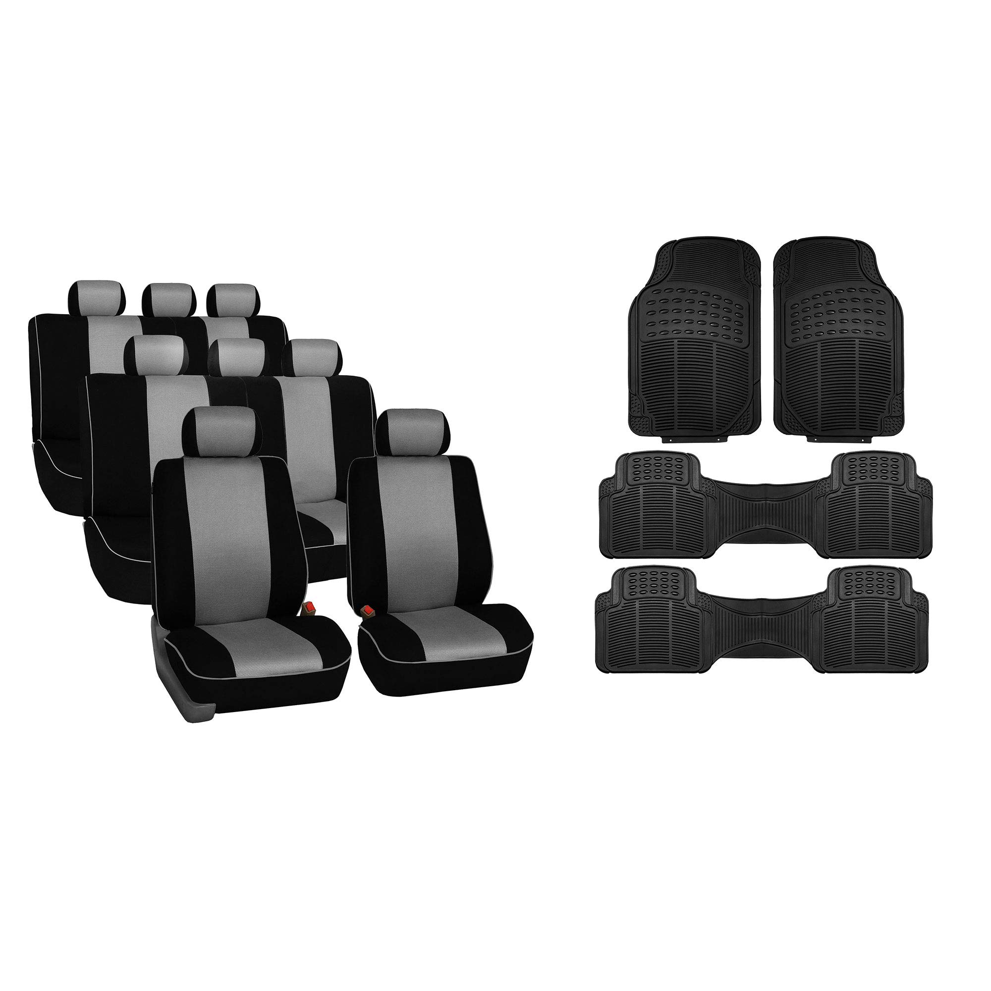 TLH Edgy Piping Style Gray Car Seat Covers for 3-Row 8-Seater Vehicles | Airbag Compatible Split Bench Seat Protectors | Durable Trimmable Vinyl Floor Mats | Perfect for SUVs, Minivans & Family Road Trips