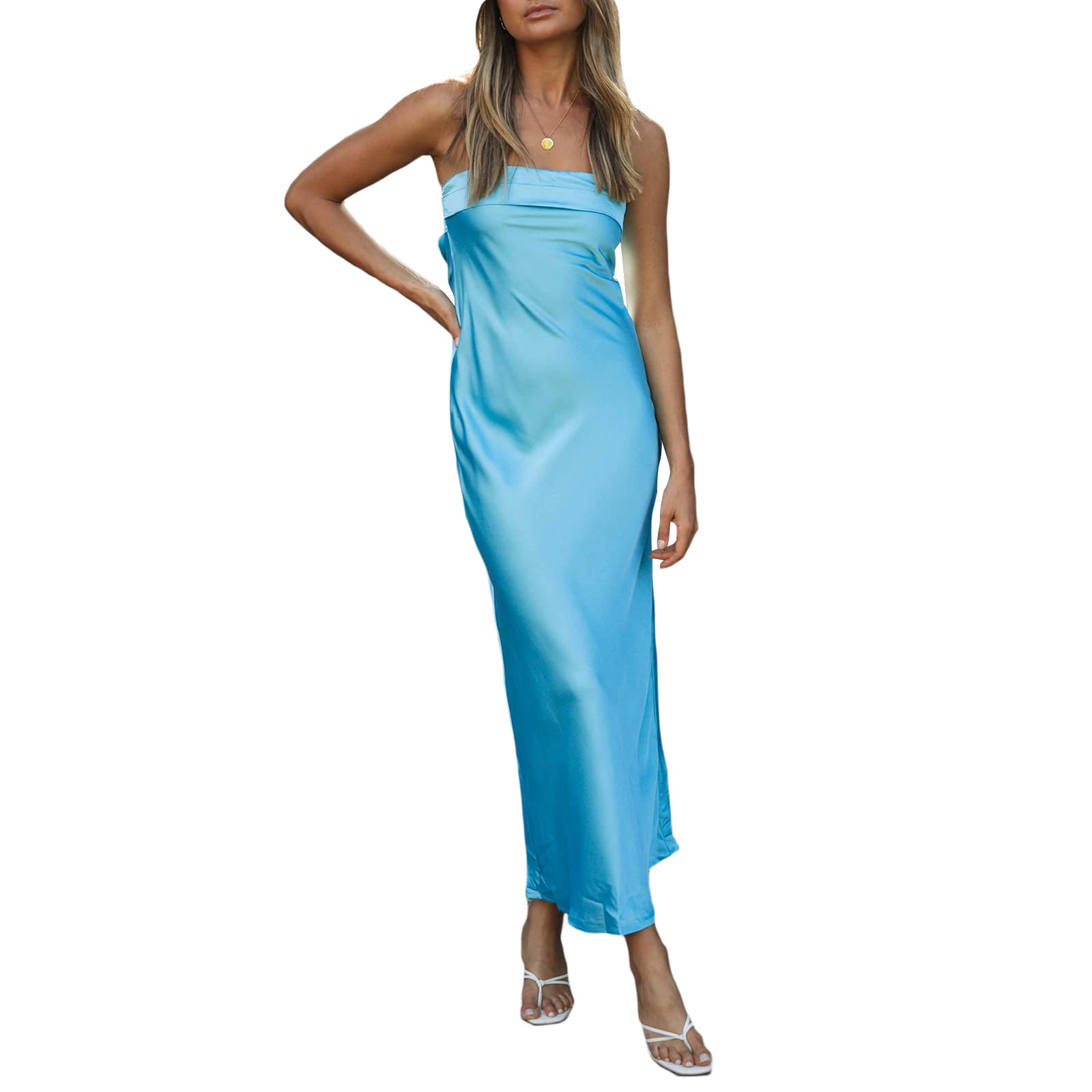 Elegant Backless Midi Dress for Women - Satin Spaghetti Strap Bodycon Dress for Beach, Club, Party & Evening Wear | Summer Vacation & Date Night Outfits