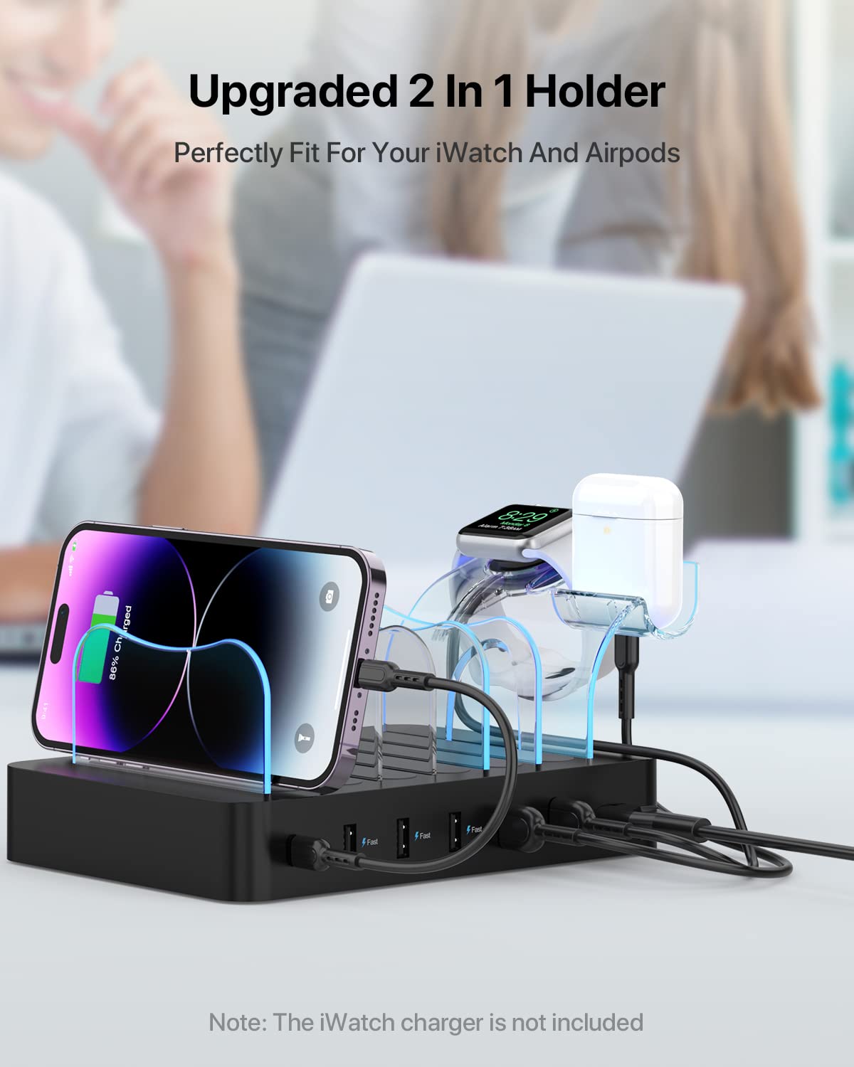 SooPii 60W 6-Port USB Charging Station with PD 20W Fast Charge for iPhone 14/13/12 Pro Max | Includes 6 Short Cables & 2-in-1 Holder | Multi-Device Charger for Phones, Tablets, Smartwatches | Perfect for Home, Office & Travel Use