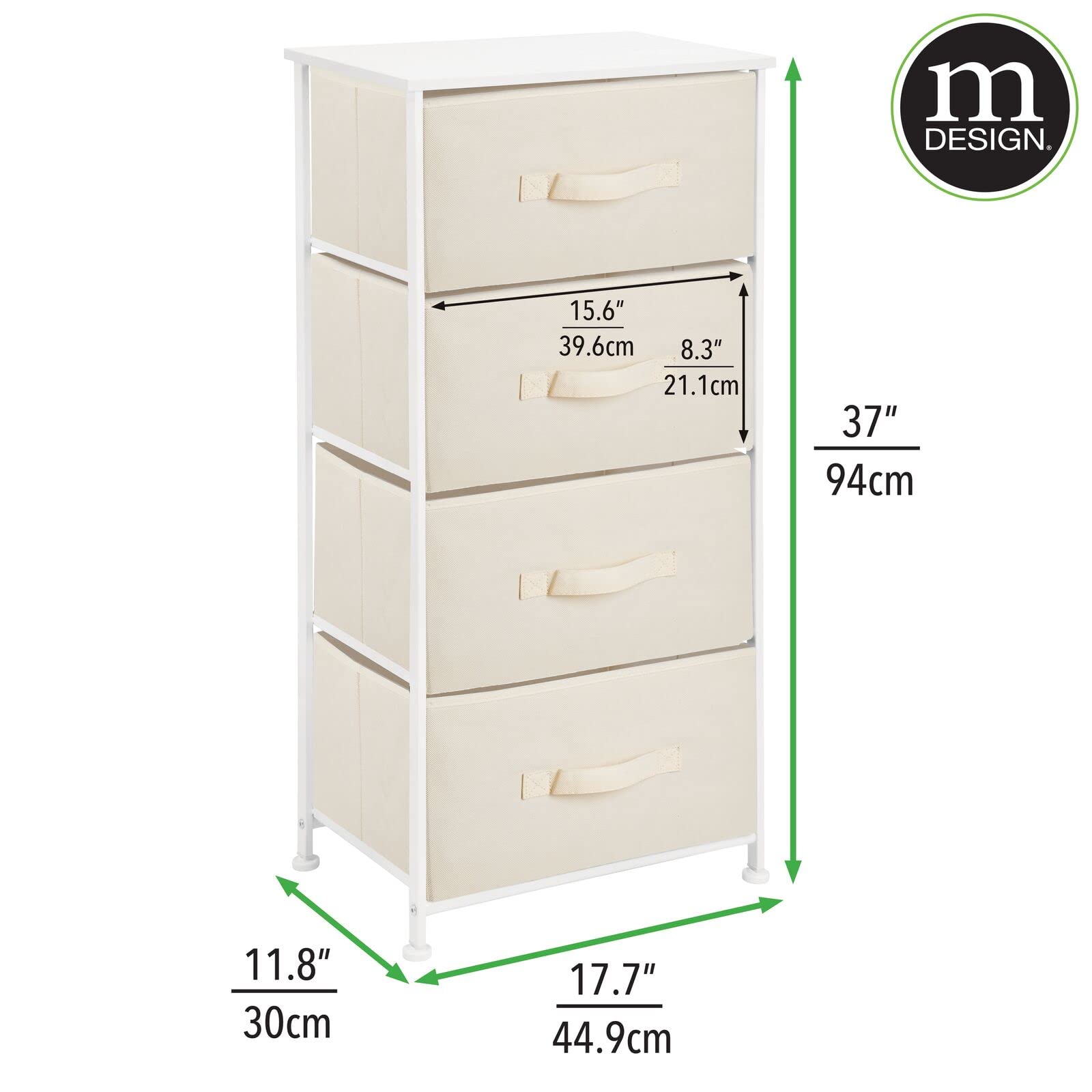 mDesign 4-Drawer Fabric Storage Tower Organizer - Steel Frame & Wood Top Dresser for Bedroom, Closet, Entryway - Jane Collection in Cream/White | Perfect for Small Space Organization & Home Decor