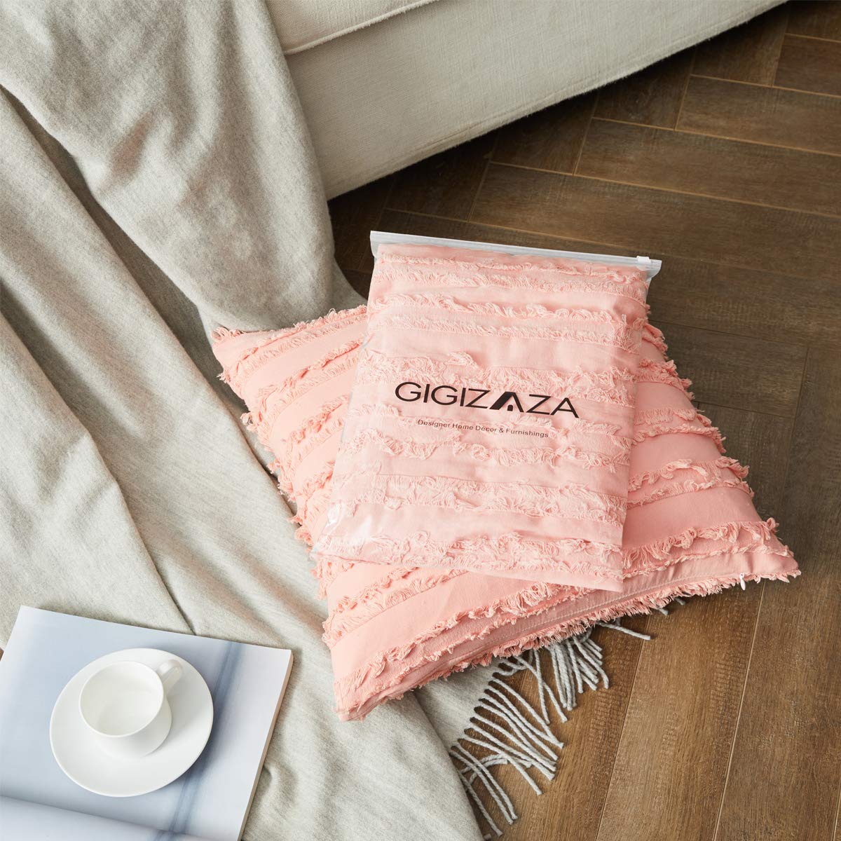GIGIZAZA 16x16 Decorative Throw Pillow Covers - Blush Pink Square Cotton Couch Pillow Covers for Sofa, Boho Style Home Decor | Perfect for Living Room, Bedroom & Nursery