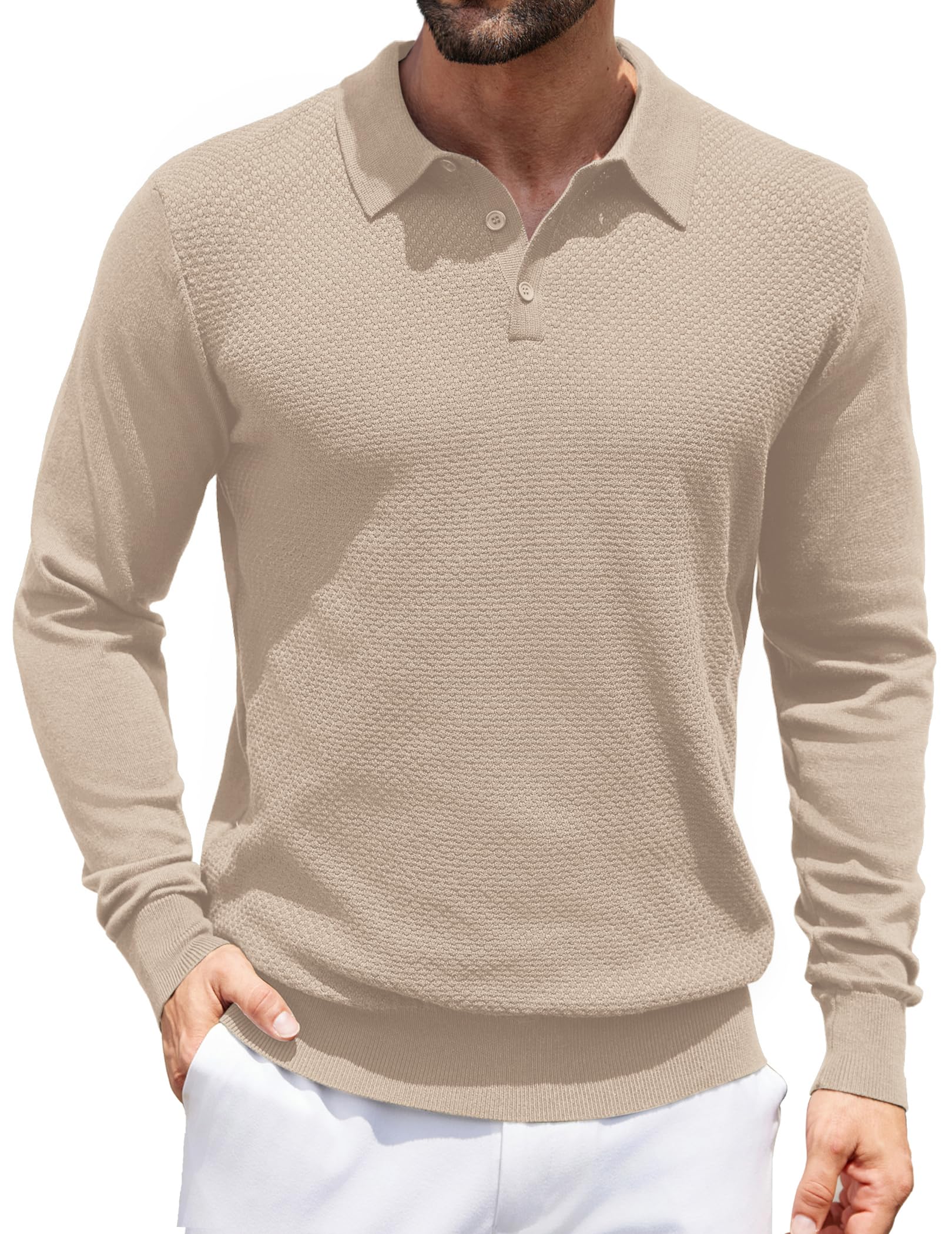 COOFANDY Men's Long Sleeve Knit Polo Sweater - Casual Quarter Button Collared Pullover with Waffle Texture for Golf & Business Casual Wear | Perfect for Office, Date Night & Weekend Outings