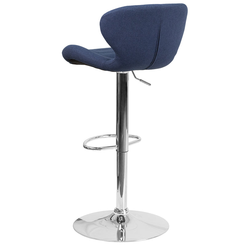 FLASH Francis Modern Blue Fabric Adjustable Height Bar Stool with Curved Back & Chrome Base - Perfect for Kitchen Islands, Breakfast Bars & Home Decor