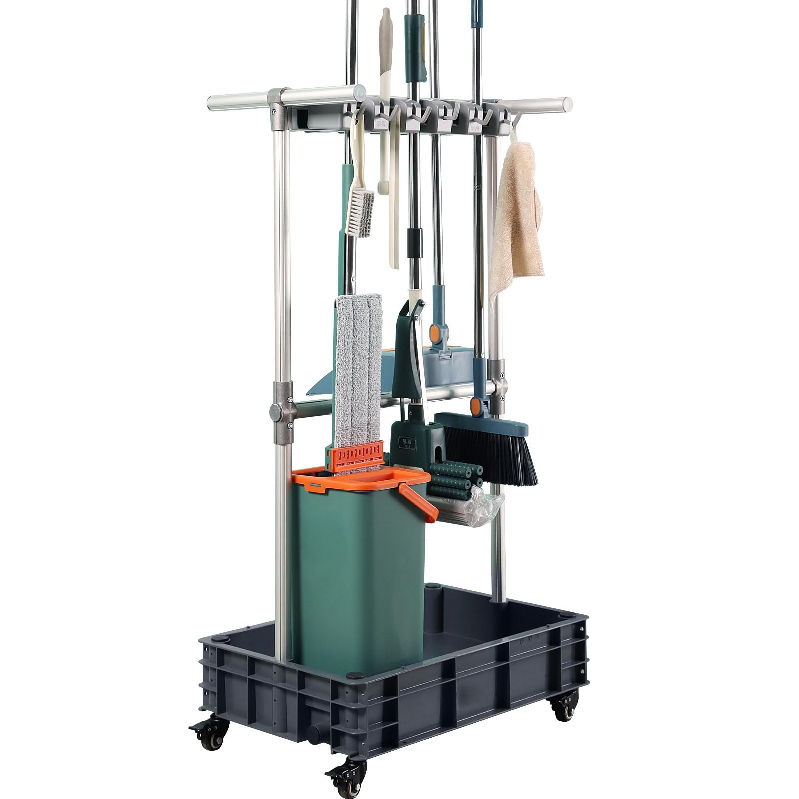 Heavy-Duty Rolling Broom Mop Holder - Wall Mounted Cleaning Supplies Organizer with Wheels for Janitor Carts & Housekeeping Stations - Ideal for Garage, Garden, Closet & Cabinet Storage - Perfect for Home, Office & Commercial Cleaning Organization