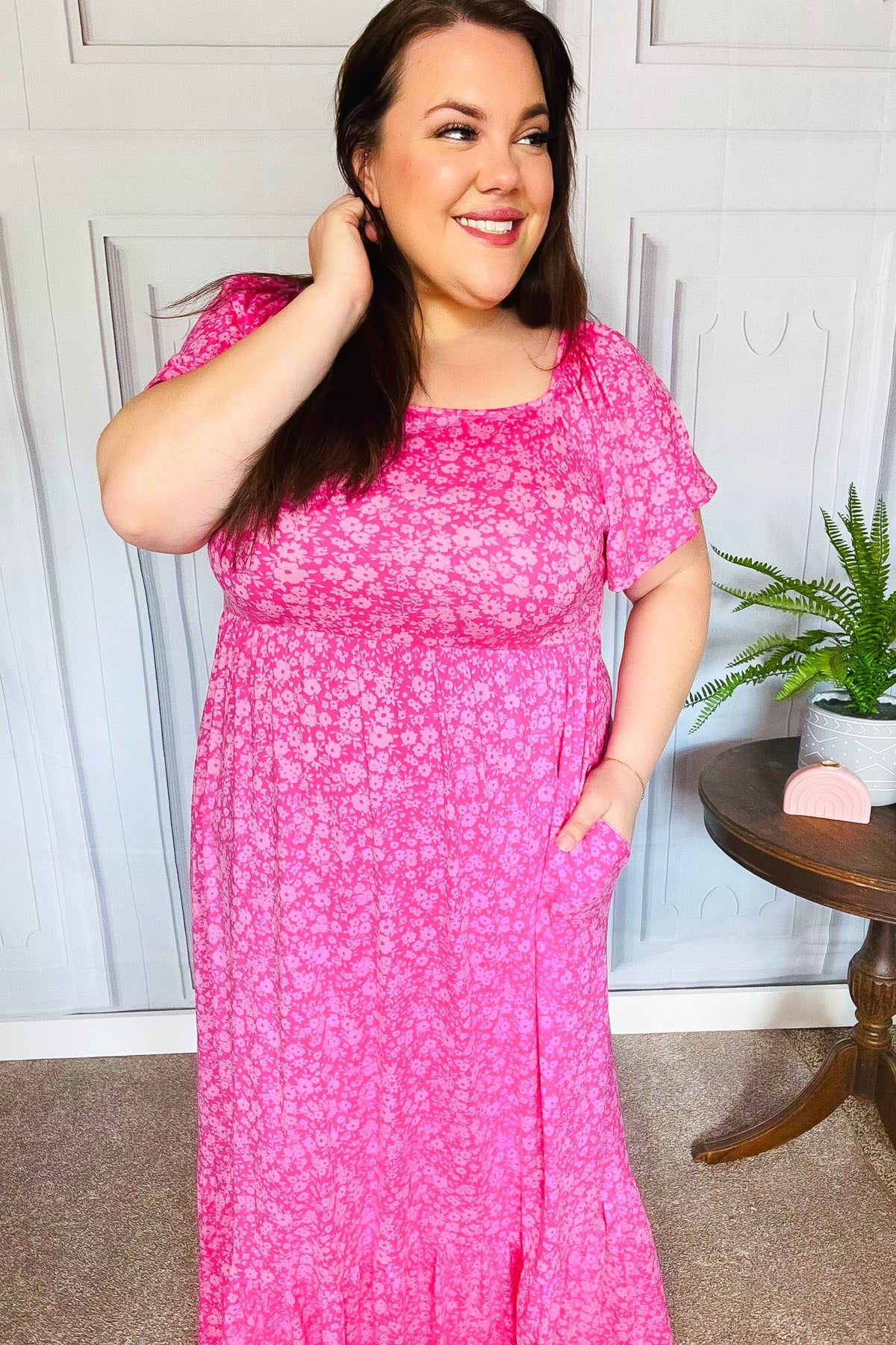 Perfectly You Fuchsia Ditzy Floral Fit & Flare Maxi Dress - Women's Summer Boho Beach Dress for Vacation, Wedding Guest & Outdoor Parties