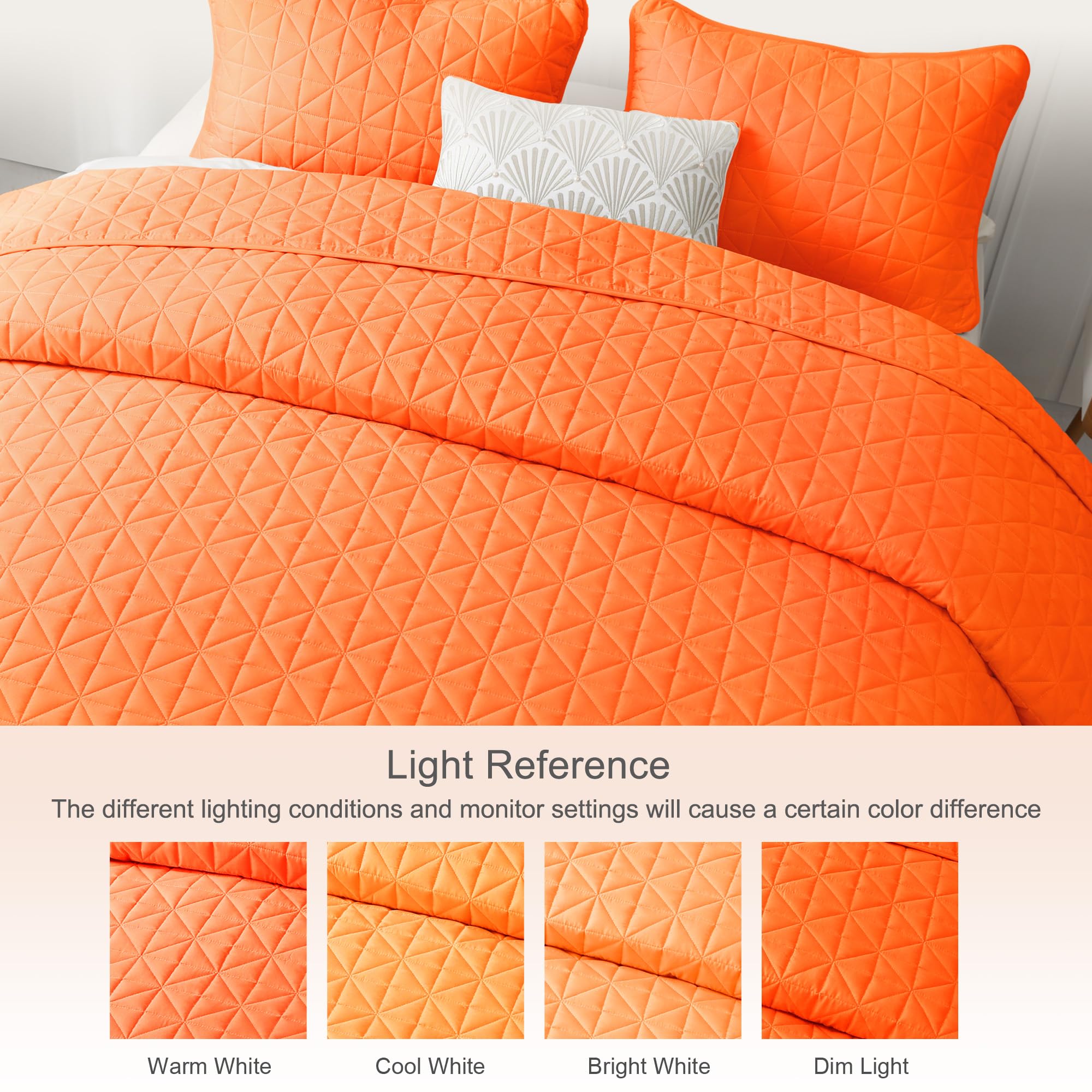 Premium King Size Quilted Bedding Set - Lightweight Orange Stitched Grid Pattern Bedspread & 2 Pillow Shams, All-Season Comfort for Master Bedroom, Guest Room & Dorm Decor